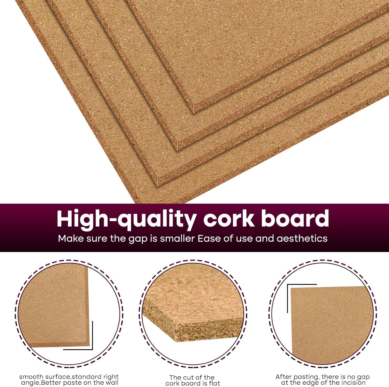 Cork Board 6 Pack 12"x12" - 1/2" Bulletin Boards Self Adhesive Corkboards for Wall School Home Office with 100 Push Pins