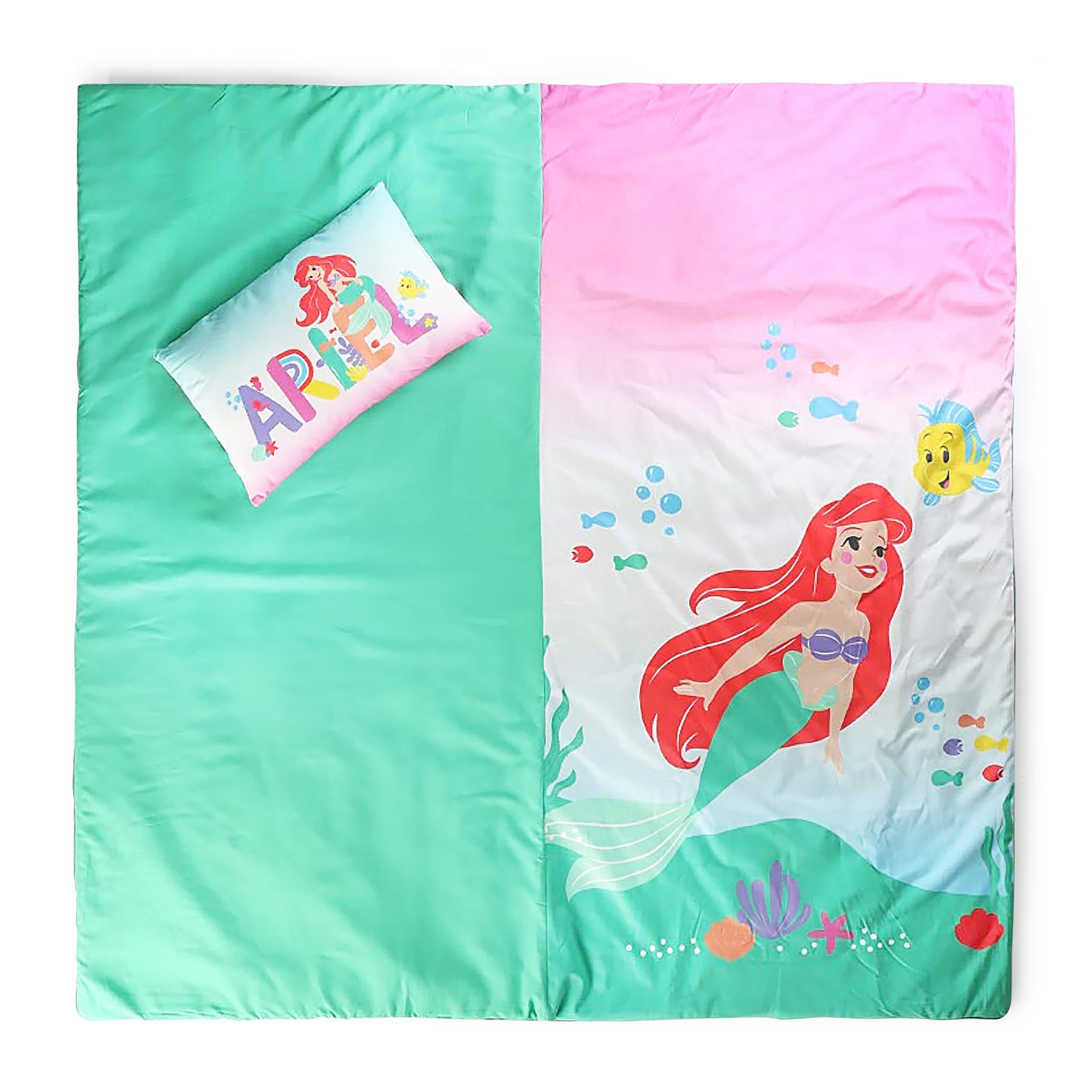 Set sacco a pelo e cuscino Disney La Sirenetta - Comodo sacco nanna da viaggio con manico, ideale per gite scolastiche e pigiama party