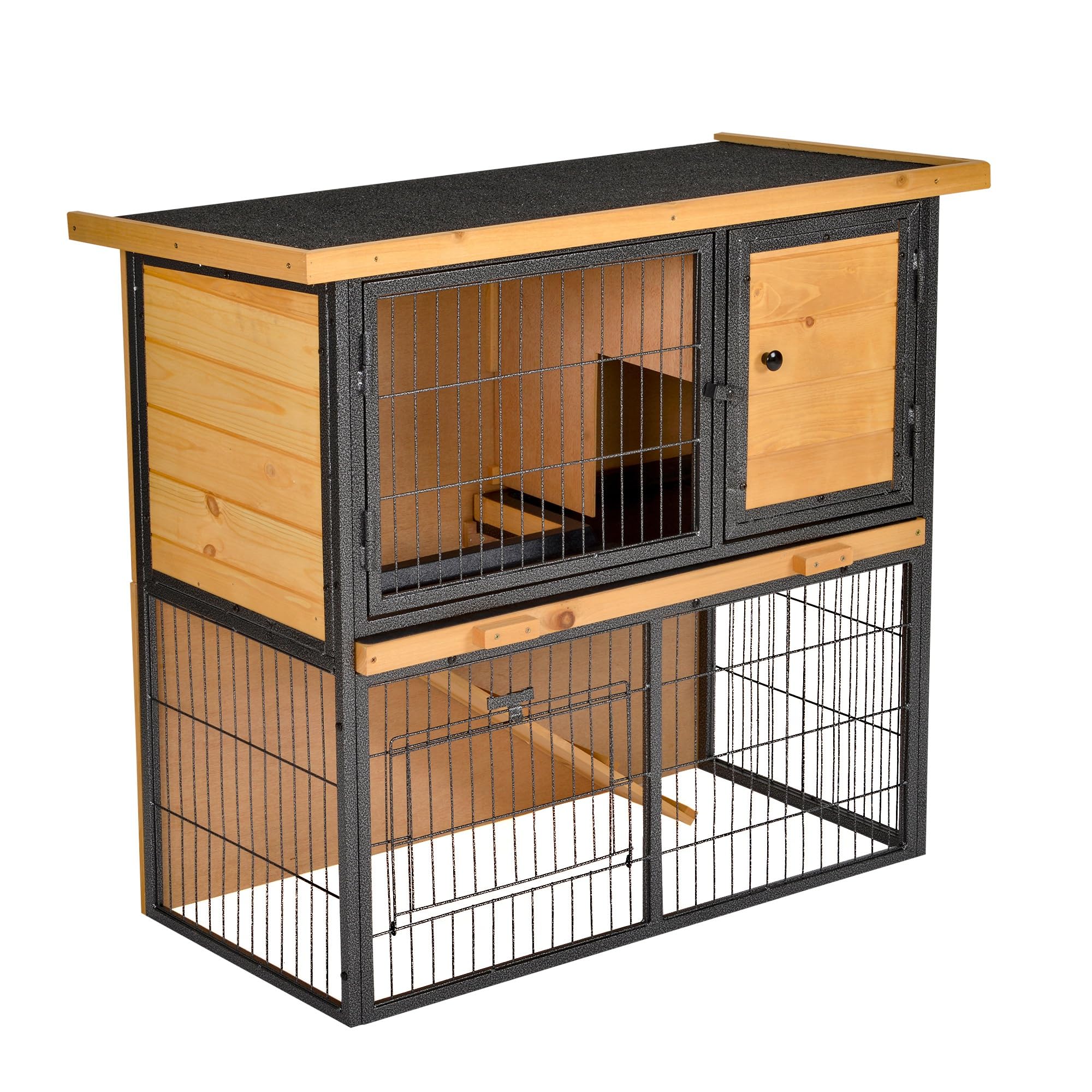 PawHut Clapier à Lapin Cage à Lapin 2 Niveaux 3 Portes verrouillables Rampe Toit ouvrant bitûmé métal époxy pin pré-​huilé