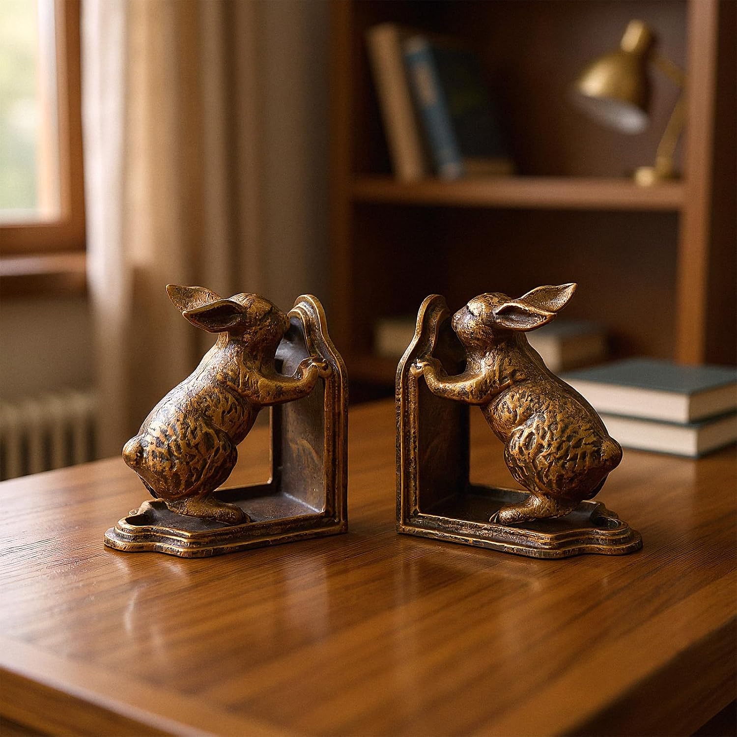 2 Pcs Decorative Bookends Antique Gold Bunny Book Ends, Heavy Duty Cast Iron Book Ends for Shelves,Unique bookends for Heavy Books, Vintage Antique Decor 5.3 lbs