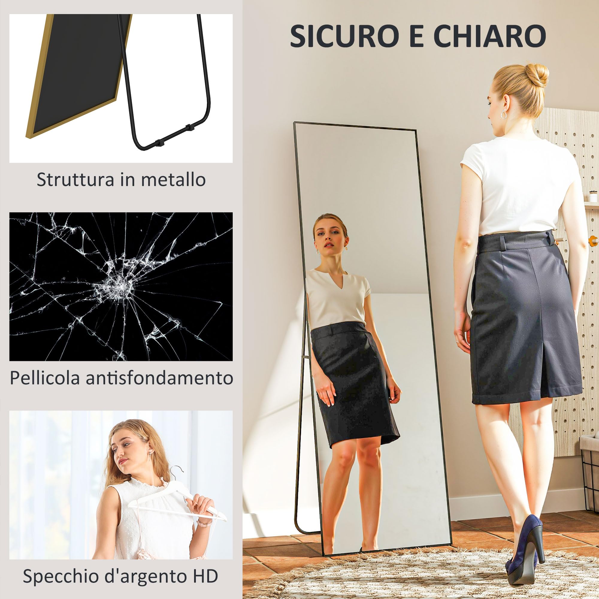 HOMCOM Specchio da Terra Moderno a Figura Intera, 40x150 cm Specchio da Parete e Autoportante Rettangolare con Cornice, Ganci e Supporto per Camera da Letto, Soggiorno e Ingresso, Nero