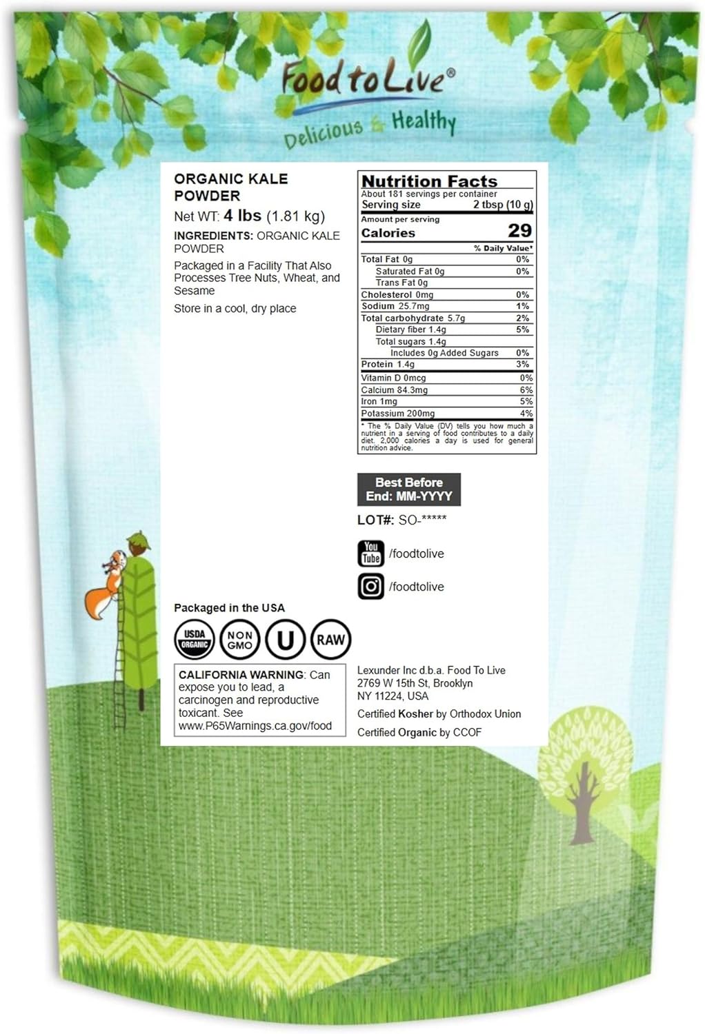 Food to Live Organic Kale Powder, 4 Pounds Non-GMO, Made from Raw Dried Whole Leaves, Vegan, Kosher, Bulk, Great for Baking, Juices, Smoothies, Shakes,Tea, and Instant Breakfast Drinks