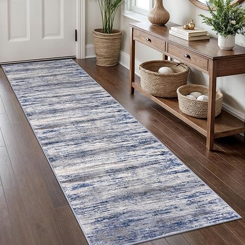 Miniatura 139 de KOZYFLY Alfombra moderna abstracta lavable de 2.6 x 10 pies, antideslizante, suave, alfombra de camino de cocina, alfombra a rayas azules óxido para