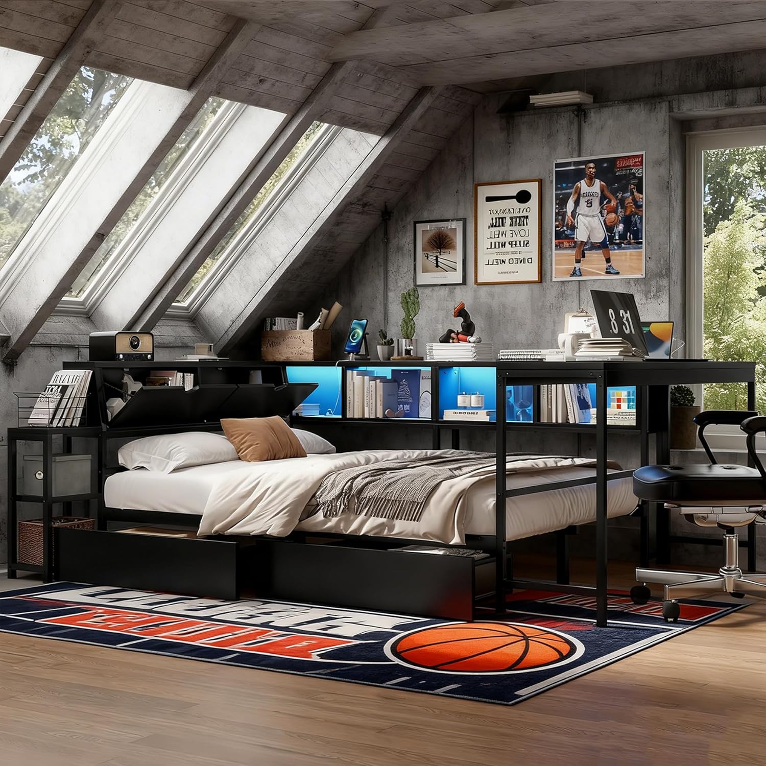 Bellemave Full Size Corner Bed Frame with Storage Drawers, Bookcase and Side Desk, Full Corner Bed with Light and Charging Station, Daybed for Bedroom, Living Room, Guest Room Black