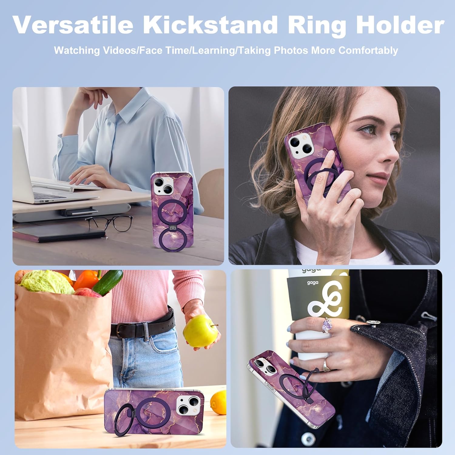 Compatible with iPhone 13/14 Case Marble Pattern with Magnetic Ring Stand [Compatible with Mag-Safe] TPU Protective Phone Case for iPhone 13/14 6.1" for Women, Marble Purple - Image 4