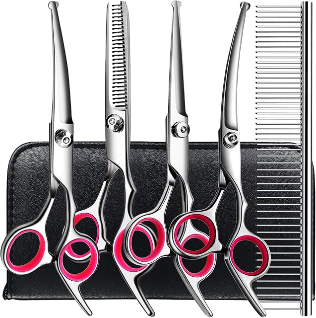 Professional Dog Grooming Scissors Kit 6 in 1, Dog Grooming Scissors with Safety Round Tips, Titanium Coated Grooming Scissors Kit for Dogs, g