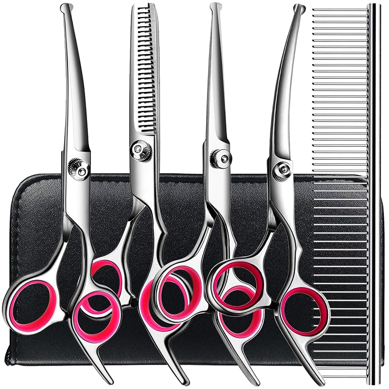 Kit de Tesouras para Tosa de Cães e Gatos TINMARDA em Aço Inoxidável, Curvas, Retas e Desbaste, Pink, 5 peças