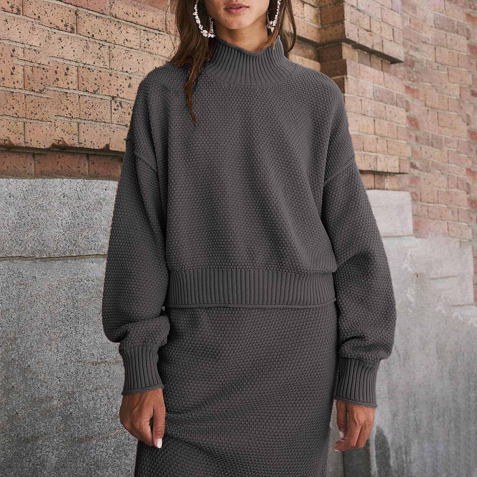 Damen Zweiteiliges Strick-Set mit Rollkragenpullover Maxirock als eleganter Trainingsanzug-Ersatz für langarmige Bequemlichkeit