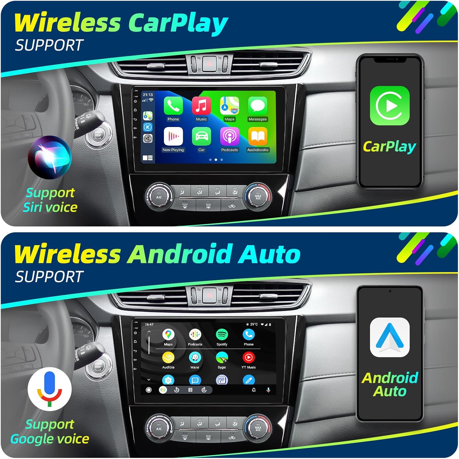 Android Radio Upgrade for Rogue X-Trail 2014-2018 Compatible with Wirelessly Carplay Android Auto Car Stereo Bluetooth Navigation TouchScreen GPS 8core 4GB RAM 64GB Head Unit Multimedia Player