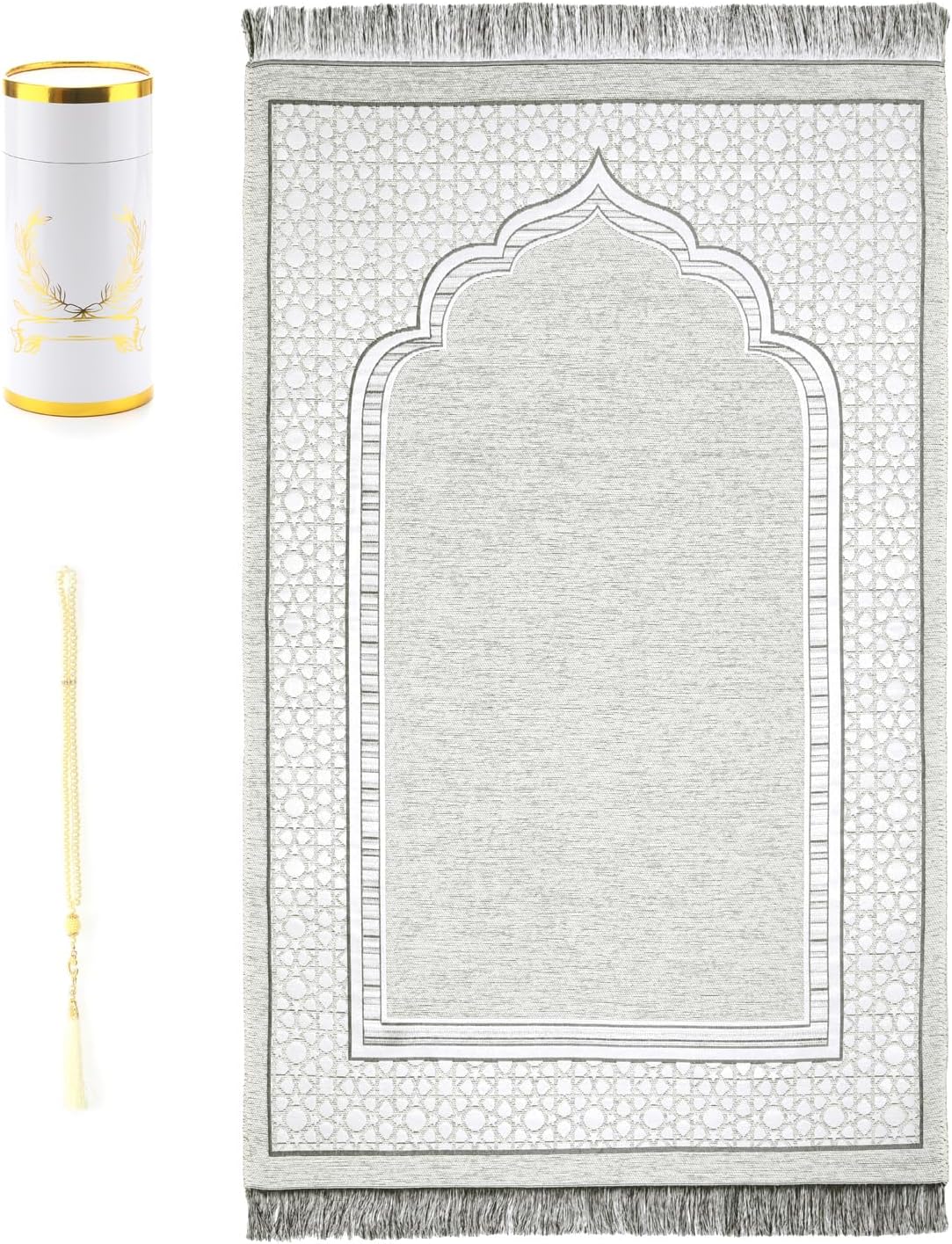 Muslim Prayer Rug Beads Cylinder Box for Men and Women, Soft Chenille Fabric Traditional Design Carpet - Eid Ramadan Gifts Islamic Salah Mat, Beige