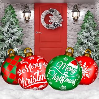 4 Pcs 24 Inch Giant Inflatable Christmas Ball Christmas Decorations Giant Inflatable Ornaments Outdoor Christmas PVC Inflatable Decorated Ball Inflatable Outdoor Holiday Yard Decorations(Classic)