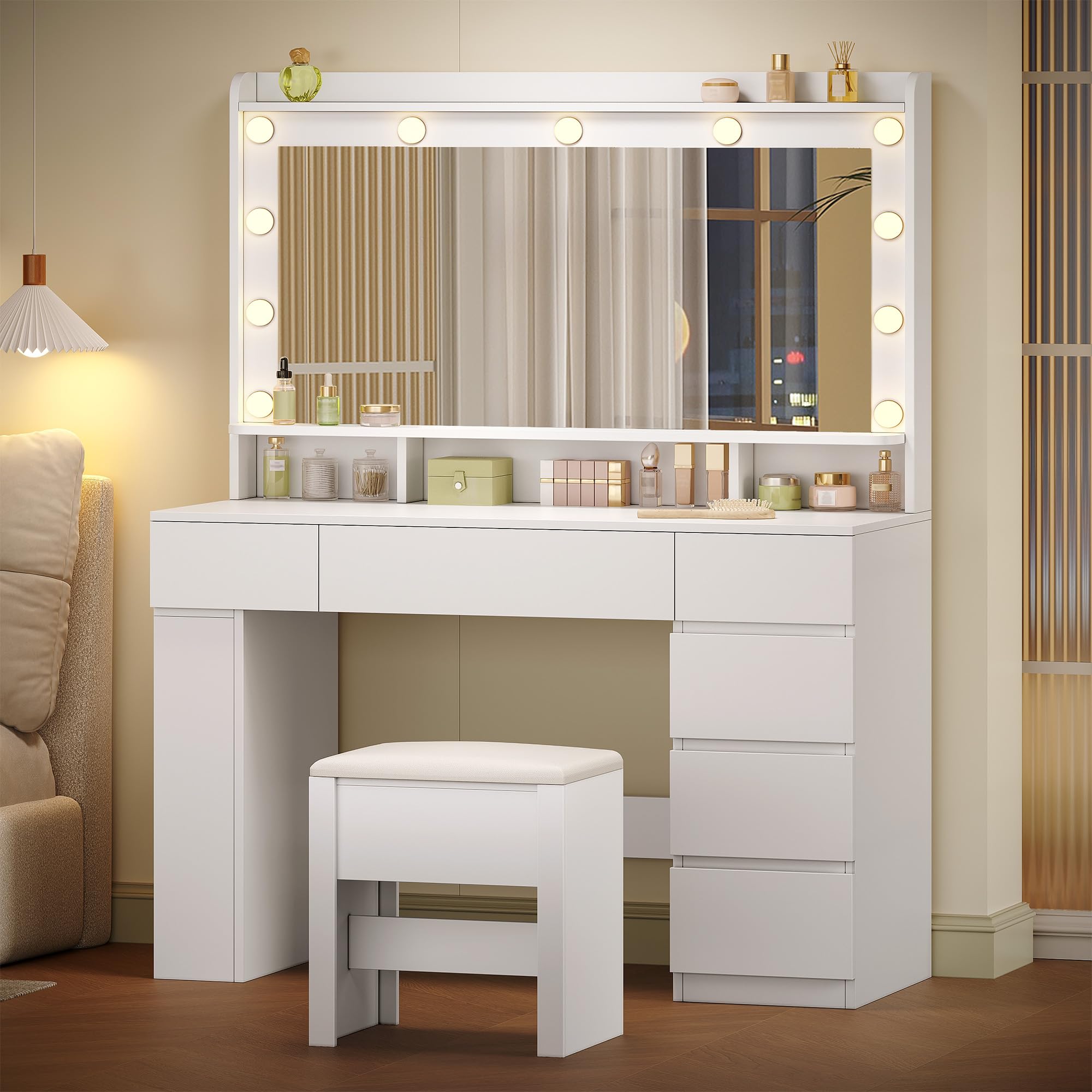 HEXCELEN 108 cm Tocador con Espejo Grande, Tocador de Maquillaje con Luz LED, Mesa de Maquillaje con 6 Cajones y Compartimento de Almacenamiento Lateral Abierto, Blanco