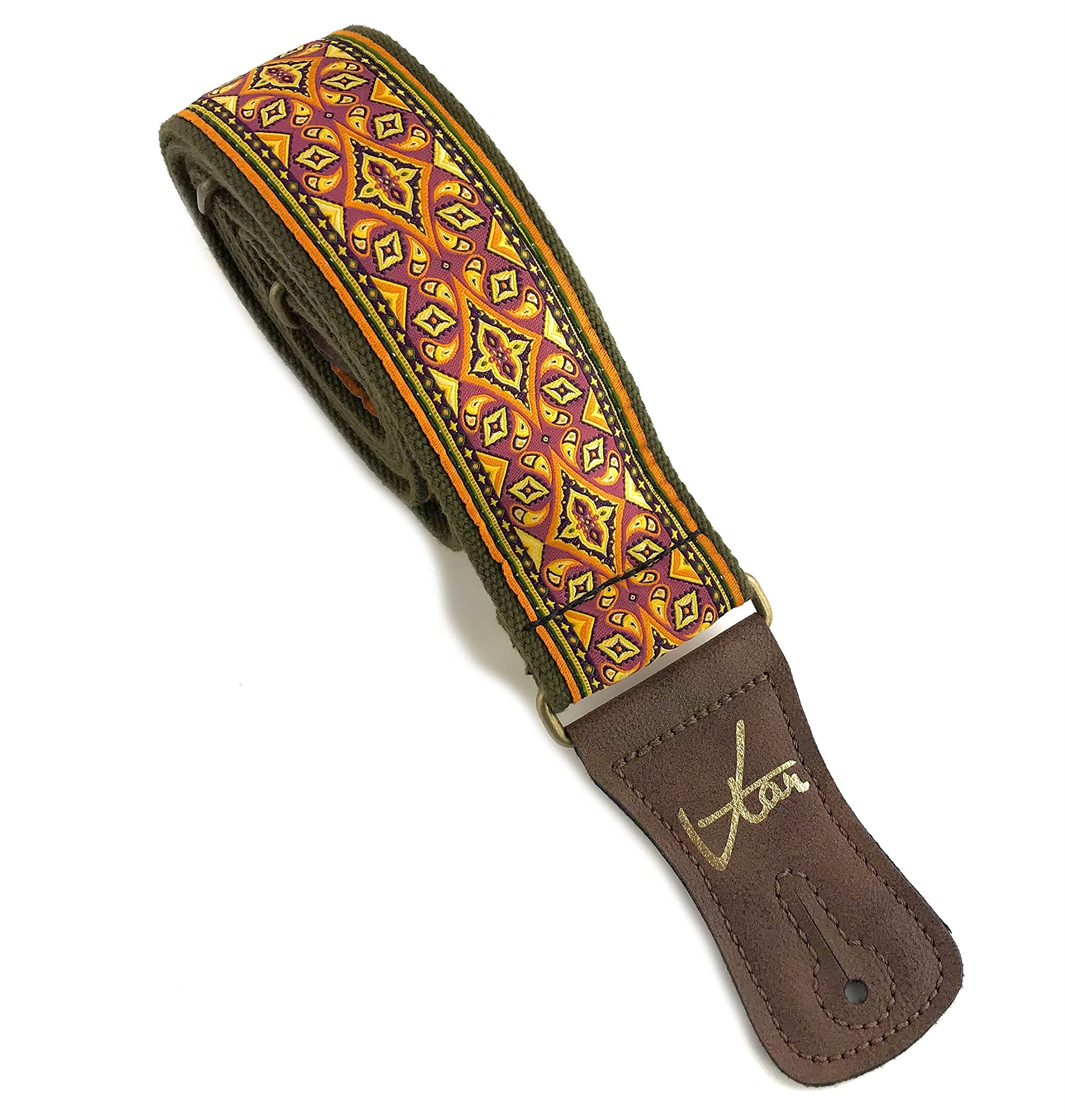 VTAR Handmade 60s 70s Magic Carpet Guitar Straps, Made with Vegan Leather. For Acoustic, Bass and Electric