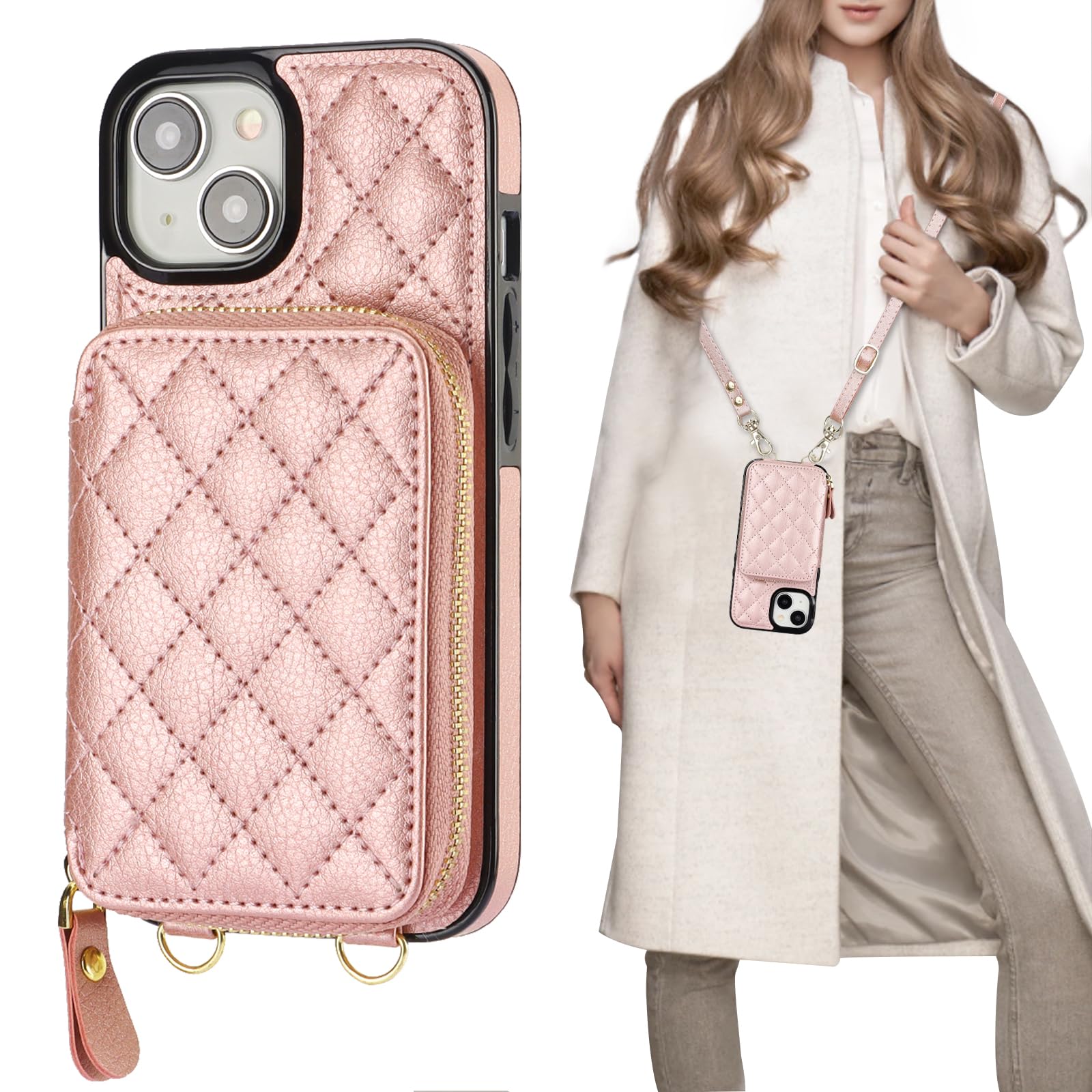 Bocasal Crossbody Wallet Case for iPhone 15, RFID Blocking PU Leather Zipper Handbag Purse Flip Cover, Kickstand Folio Case with Card Slots Holder Wrist Strap Lanyard 5G 6.1 Inch (Rose Gold)