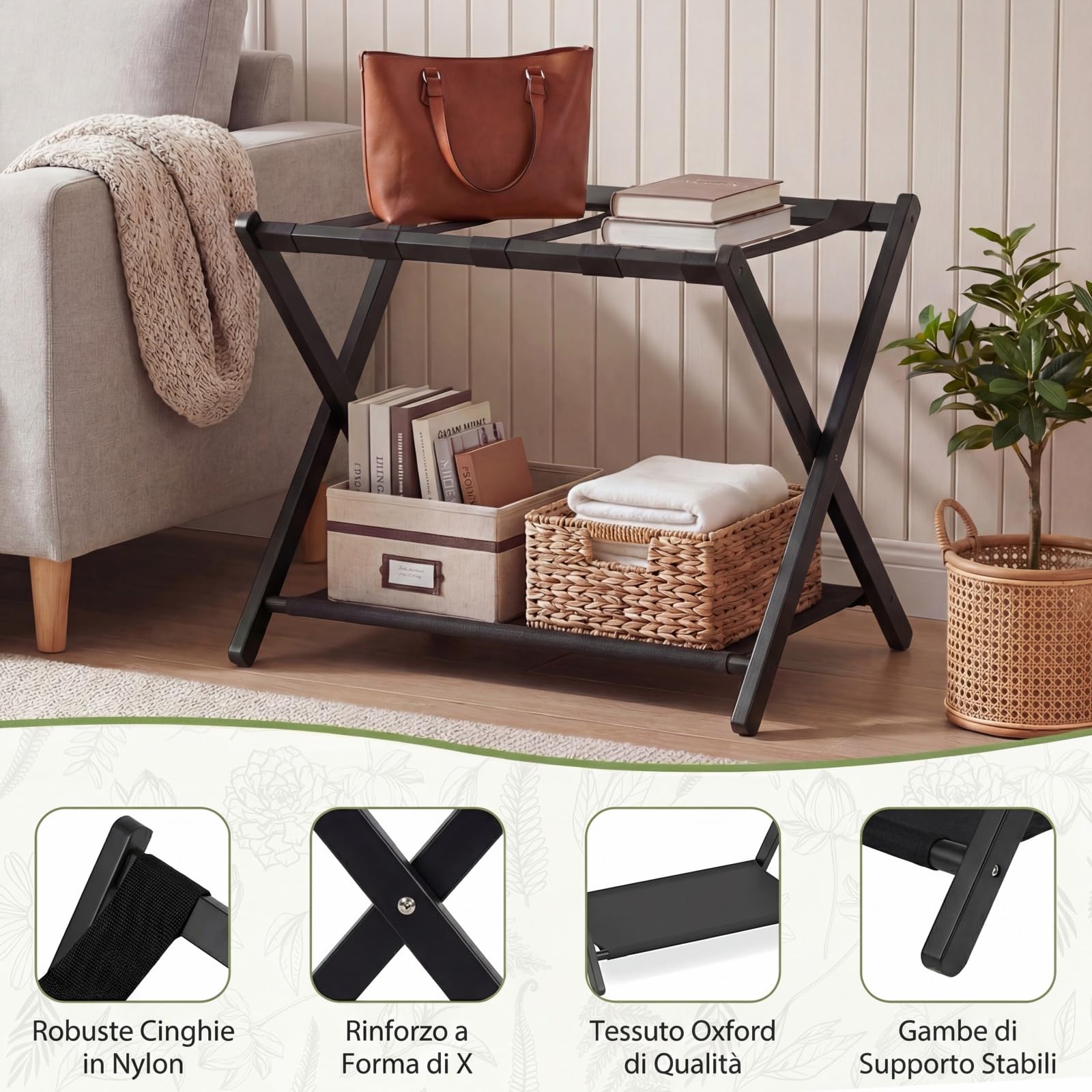 COSTWAY 2 Pz Portavaligia Pieghevole in Bamboo con Cinghie, Tessuto Oxford, Portata 65 kg, Nero