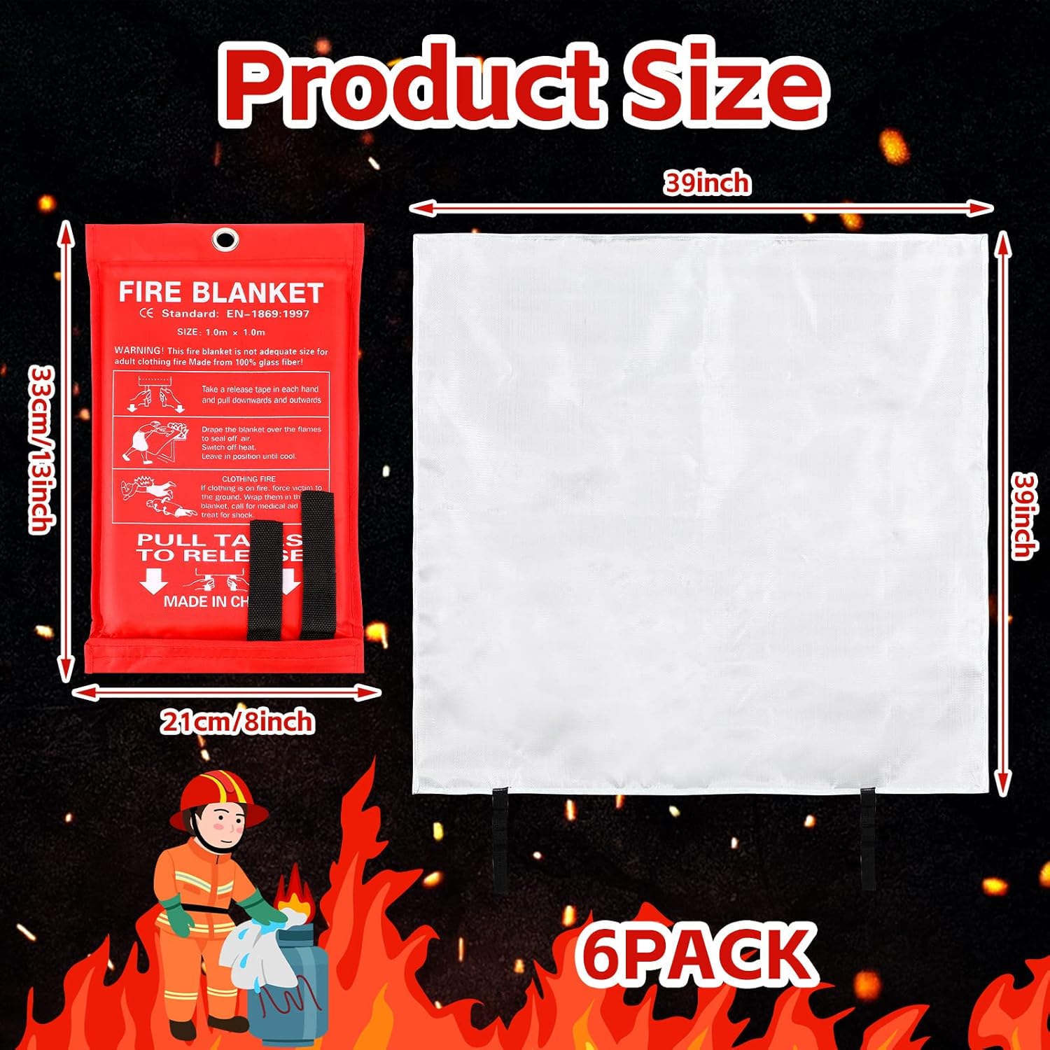 Macarrie 6 Pack 39” x 39” Fire Blanket Emergency for Home and Kitchen Safety Suppression Blanket Fiberglass Fireproof Survival for Fireplace Car Office Camping (Red)