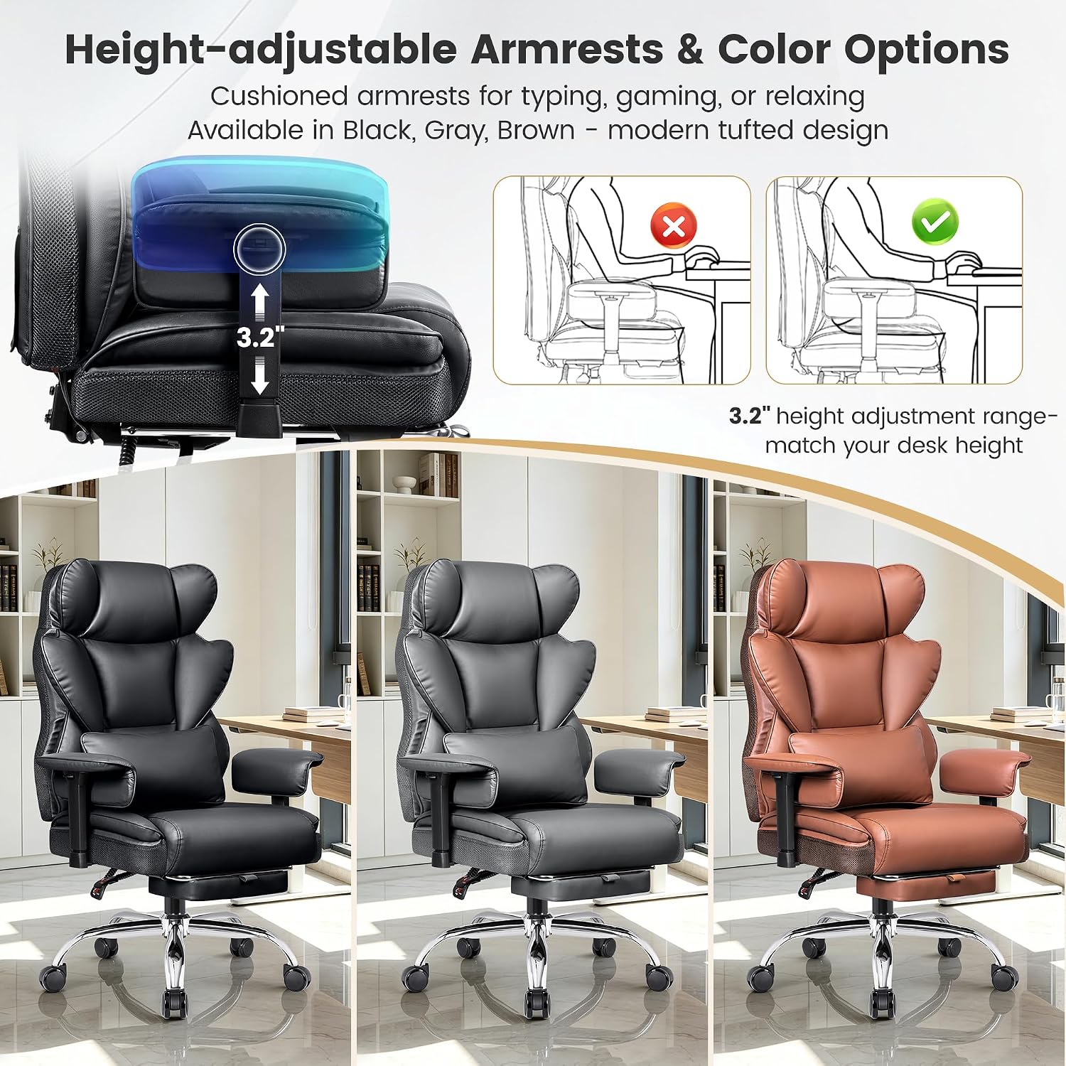 Diagram showing the 3.2-inch height adjustment range of the padded armrests on the Stella Mia office chair.