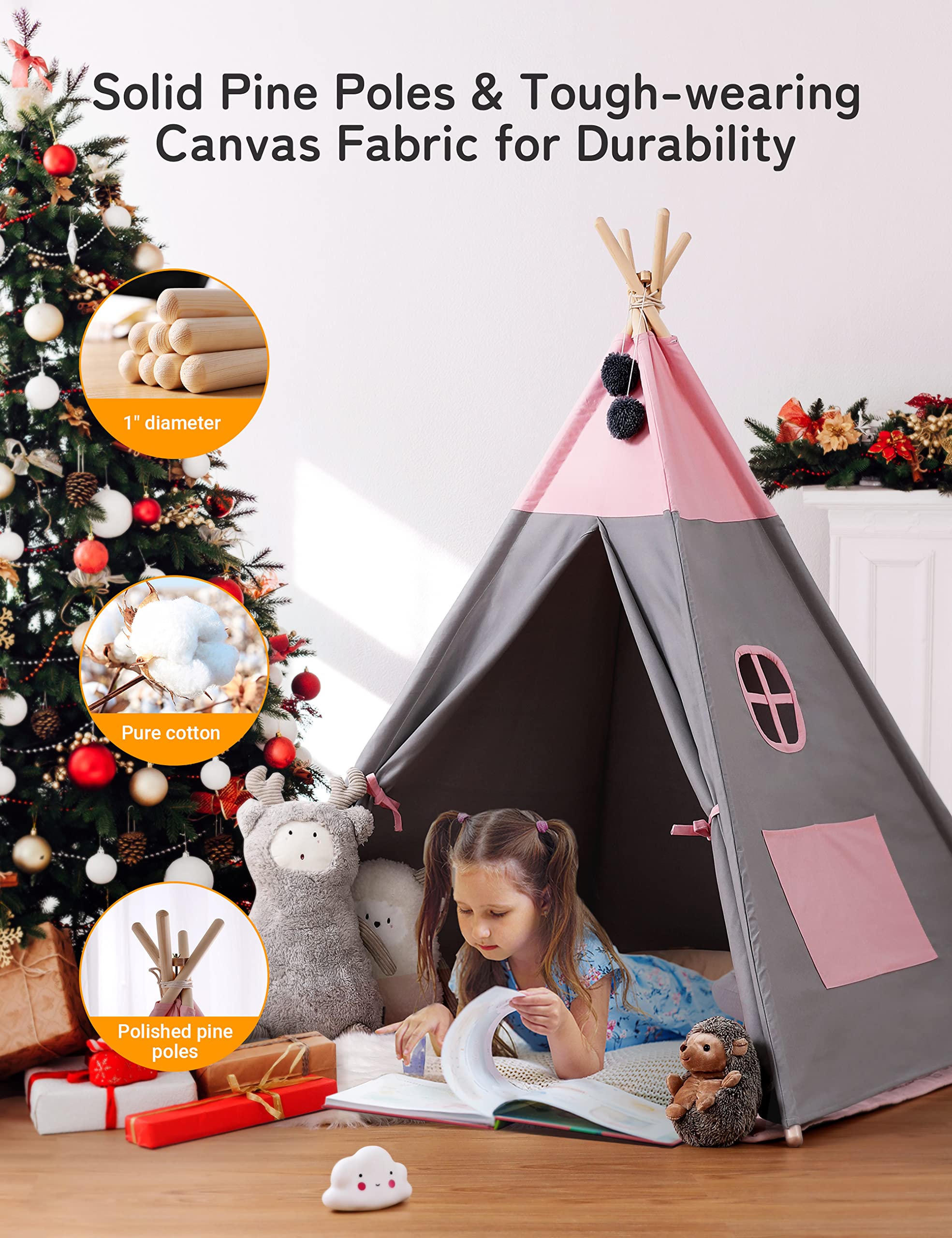 besrey Tenda per Bambini da Gioco in Tela Indiana Teepee in Cotone con Tappetino Imbottito e Luci Fatate (Rosa e Grigio)