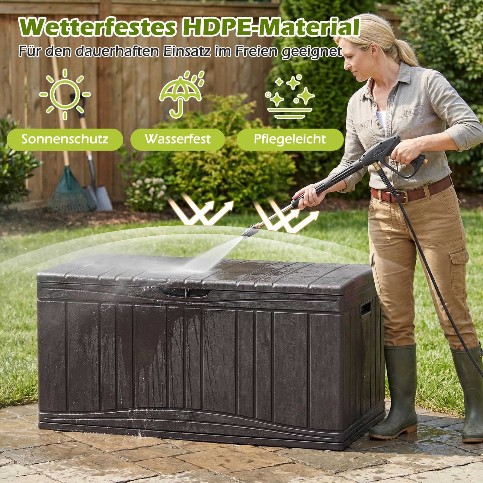COSTWAY Gartenbox 300L, Auflagenbox mit abschließbarem Deckel & Gasdruckfedern, Aufbewahrungsbox wetterfest, Kissenbox Outdoor für Paketzustellung, Gartengeräte, Kissen & Poolzubehör (Braun)