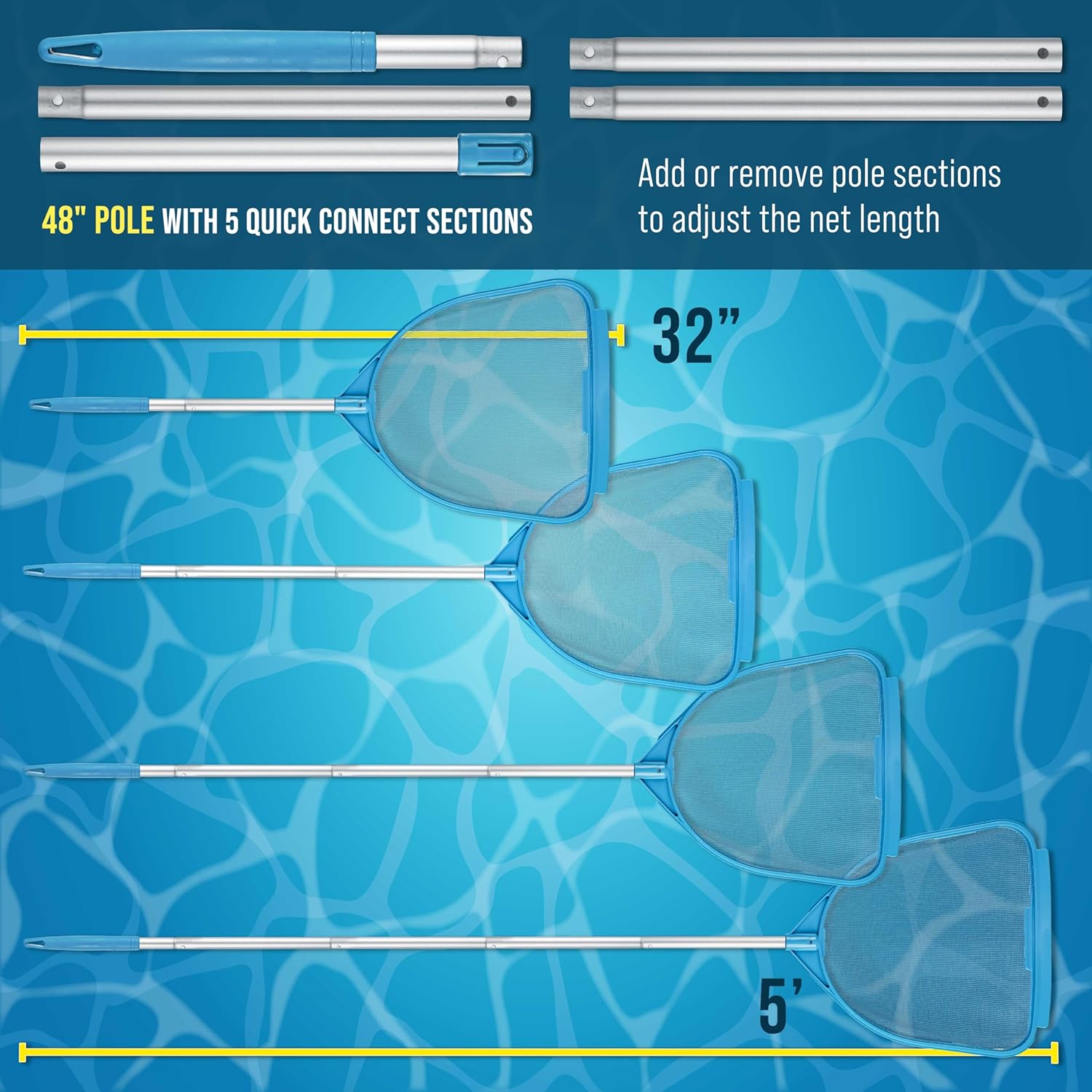 U.S. Pool Supply Pool and Spa Skimmer Net with Pole, Handheld Fine Mesh Pool Skimmer Net - Hand Held Spa, Hot Tub, Pond Cleaning - Step-Up 32" to 5 Feet Long, Leaf Netting, Scoop Skim Leaves & Debris - Image 4