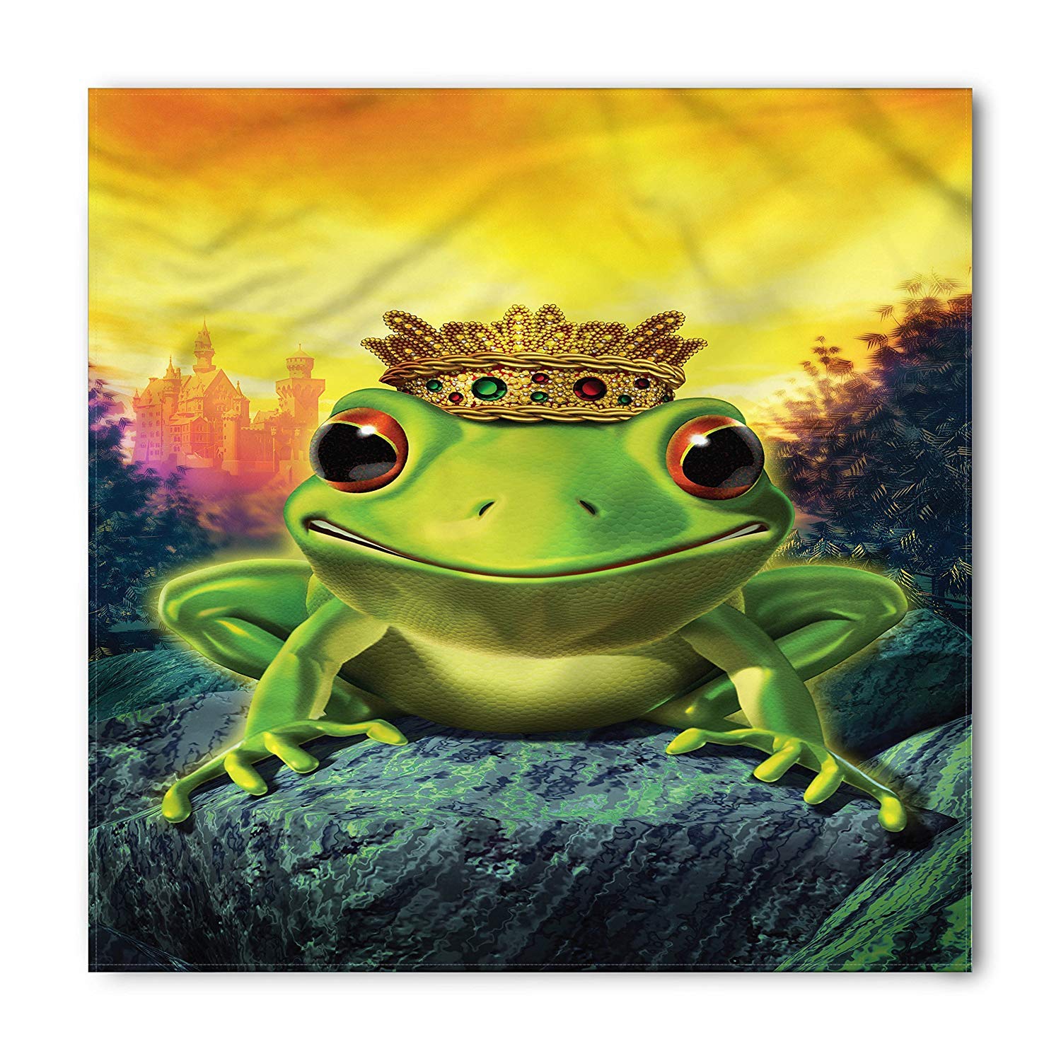 Animal Square Scarf, Frog Prince with Golden Yellow Crown on Rocks Fairytale Soul Mates Illustration, Printed Unisex Square Scarf Head and Neck Tie Scarf Headband, Green Yellow