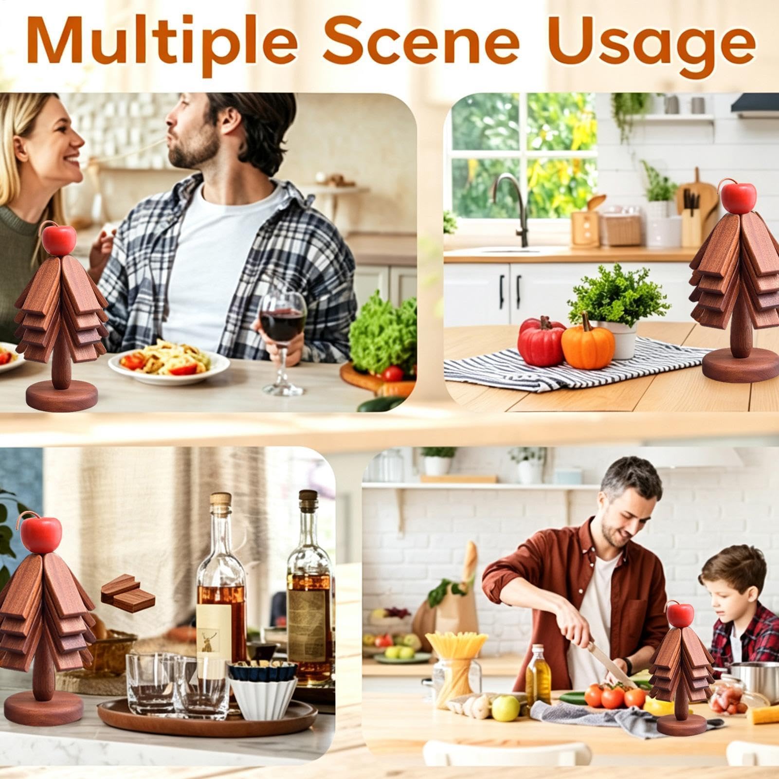Wooden Tree Trivet Set Rustic Festive – Heat Resistant Foldable Coaster Set