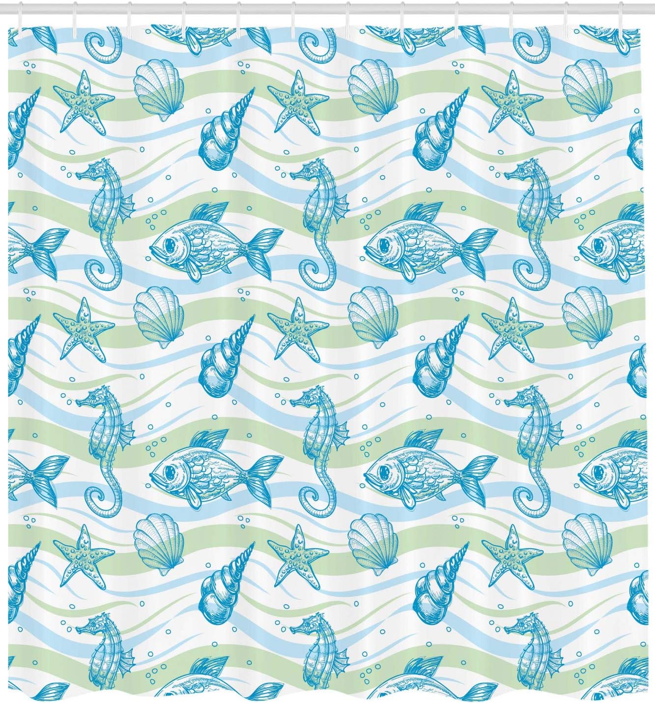 Ambesonne Nautical Shower Curtain, Marine Ocean Shell Starfish Oyster Mollusk Sea Horse Underwater Aquatic Pattern, Cloth Fabric Bathroom Decor Set with Hooks, 69" W x 70" L, Mint Blue