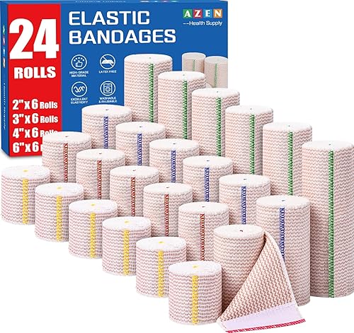 AZEN Paquete Premium de 24 Vendas Elásticas (2 x 2 pulgadas, 2 x 3 pulgadas, 2 x 4 pulgadas, 2 x 6 pulgadas), Venda de Compresión para Piernas,