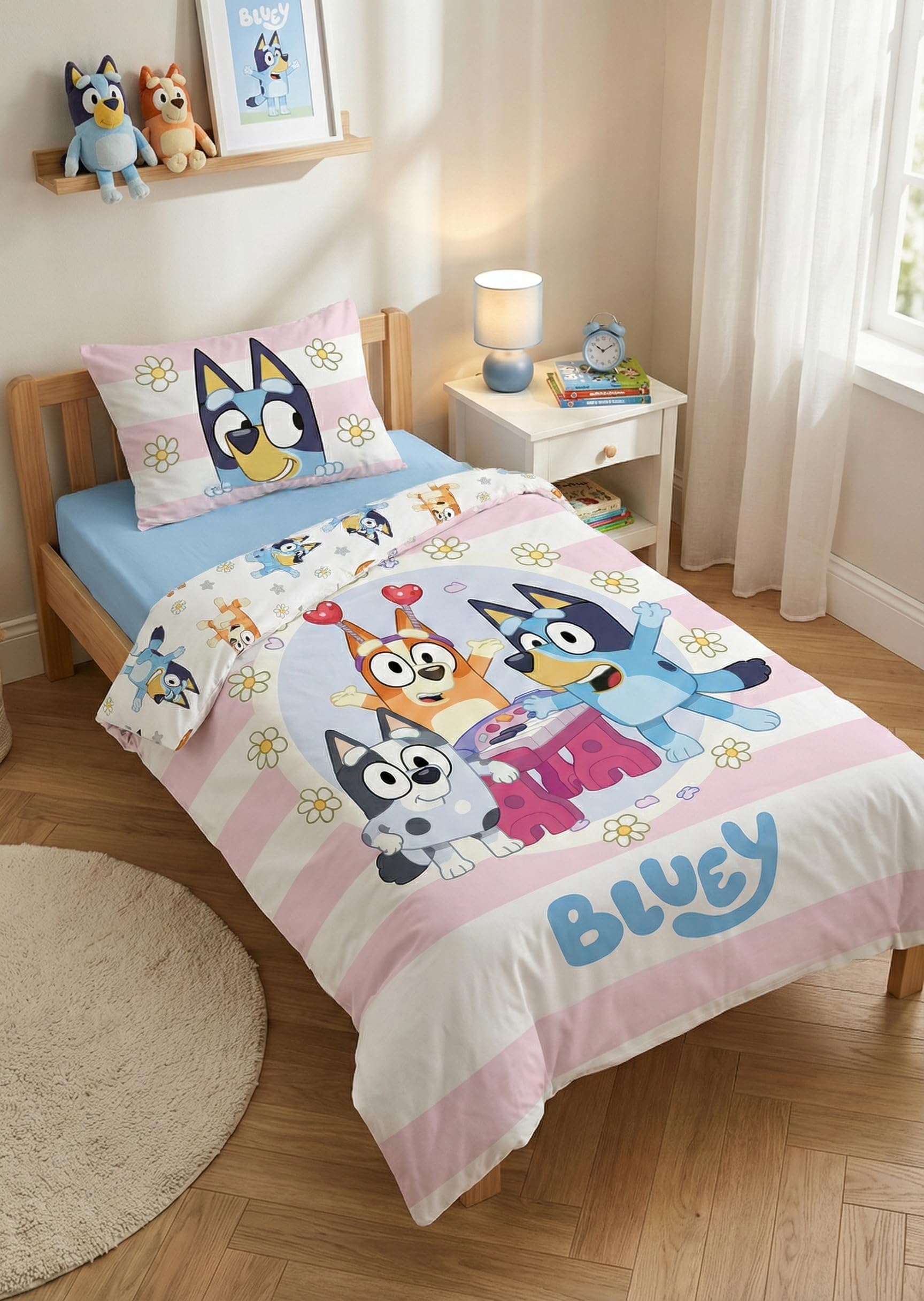 Children's Bluey Bedding Set - 100% Cotton - Duvet Cover 100 x 135 cm + Pillowcase 40 x 60 cm - Bluey, Bingo, and Muffin Pattern - Oeko-TEX Certified - Pink and White Striped