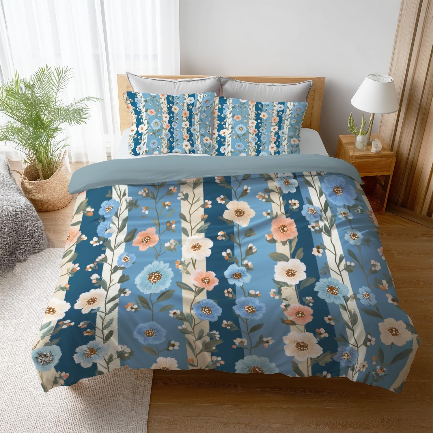 Parure de lit floral pivoines 160x200 avec housse de couette microfibre et rubans rayures bleues