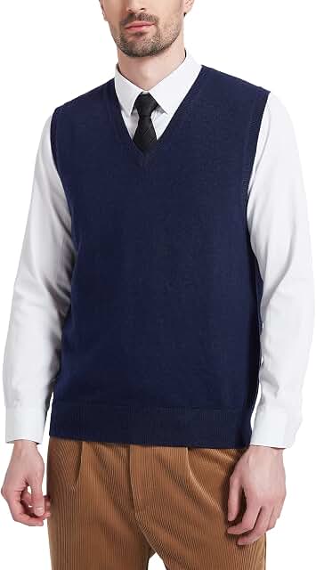 Kallspin Men's Wool Blended Vest Sweater Relaxed Fit V Neck Sleeveless Knitted Pullover