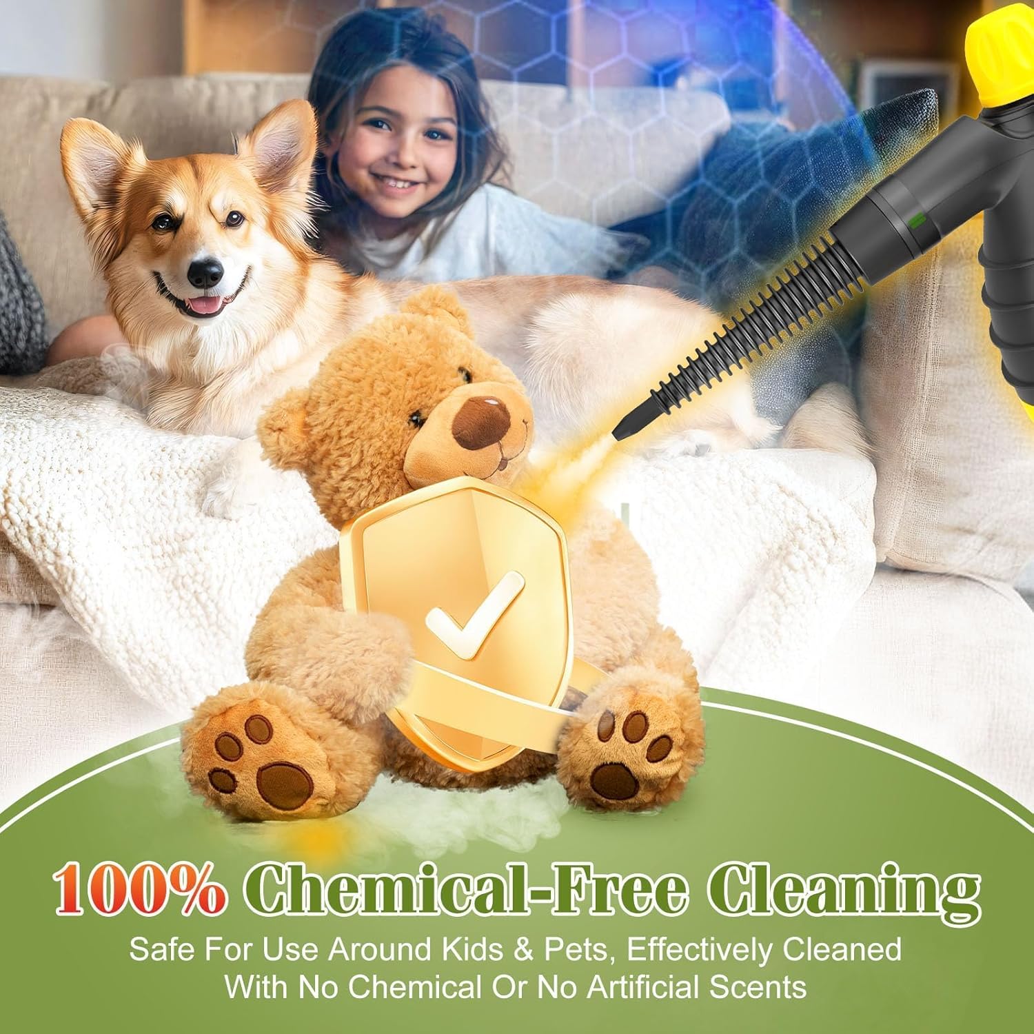 Handheld Steam Cleaner - 275°F High-Temp Fast Heating Multi-Surface Steamer for Cleaning, 100% Chemical-Free Pet Safe Portable Steam Cleaner for Home/Bath/Window/Car Detailing/Couch/Grout(Yellow)