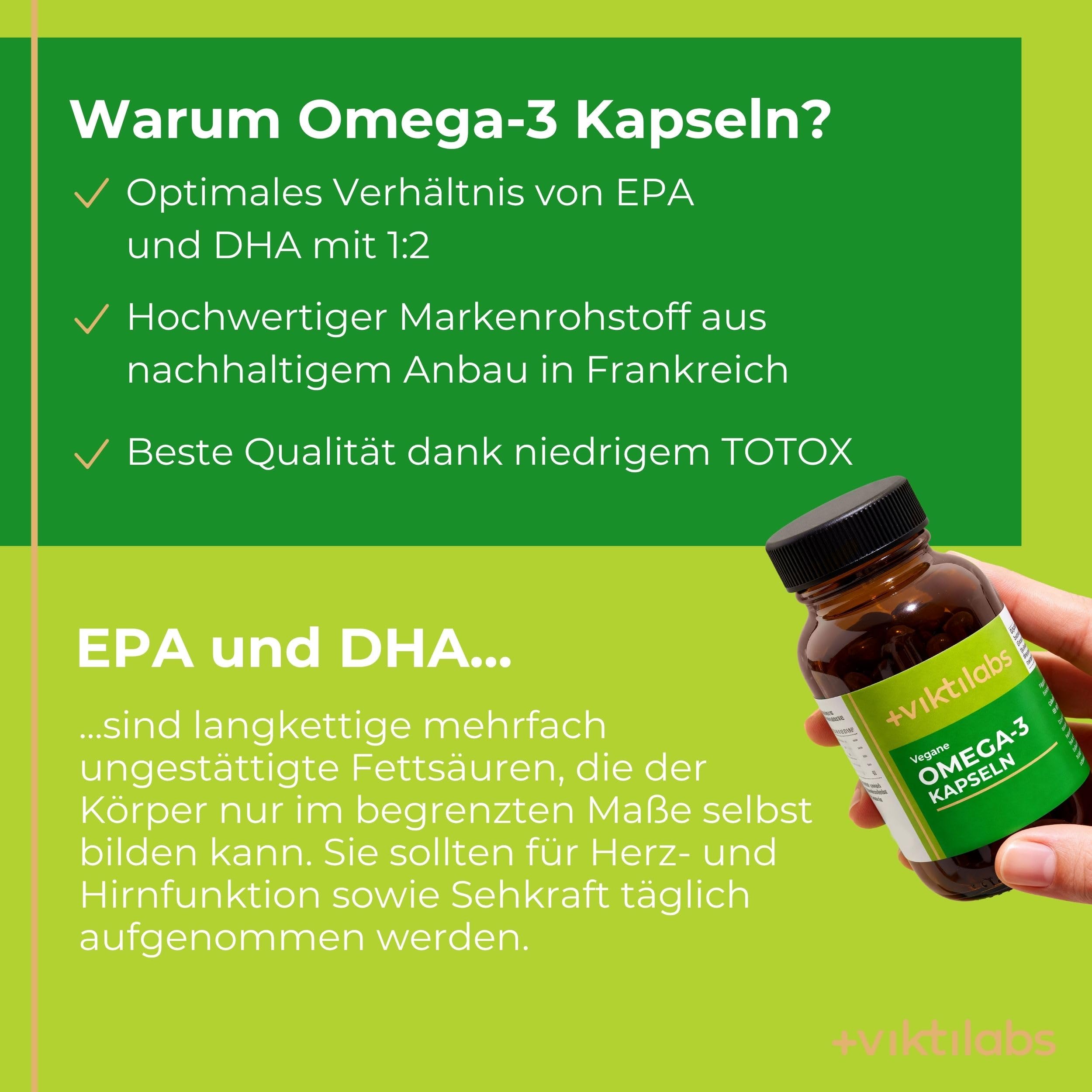 Vegane Omega-3 Kapseln - aus Algenöl - 936 mg Omega-3 pro Tagesdosis | 576 mg DHA & 288 mg EPA pro Tagesdosis - niedriger Totoxwert - 2 Kapseln pro Tag - 60 vegane Kapseln - ohne Zusatzstoffe