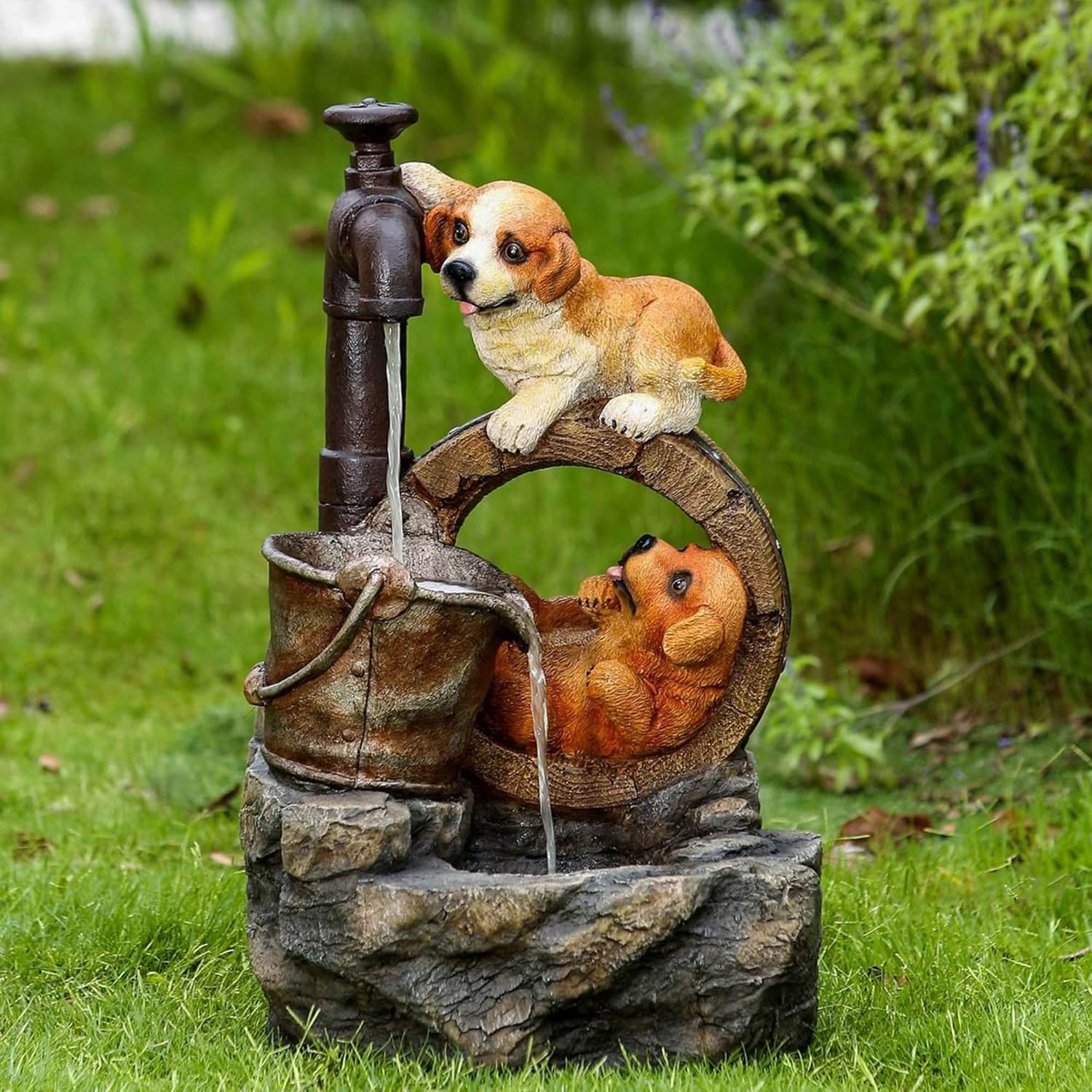 Jeco Inc. FCL172 Playing Dogs LED Light Barrel Outdoor Fountain
