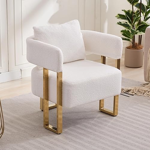 Miniatura 2 de YISHENG Juego de 2 sillas decorativas modernas de barril, sillas laterales para sala de estar con patas de metal doradas, sillones de lectura