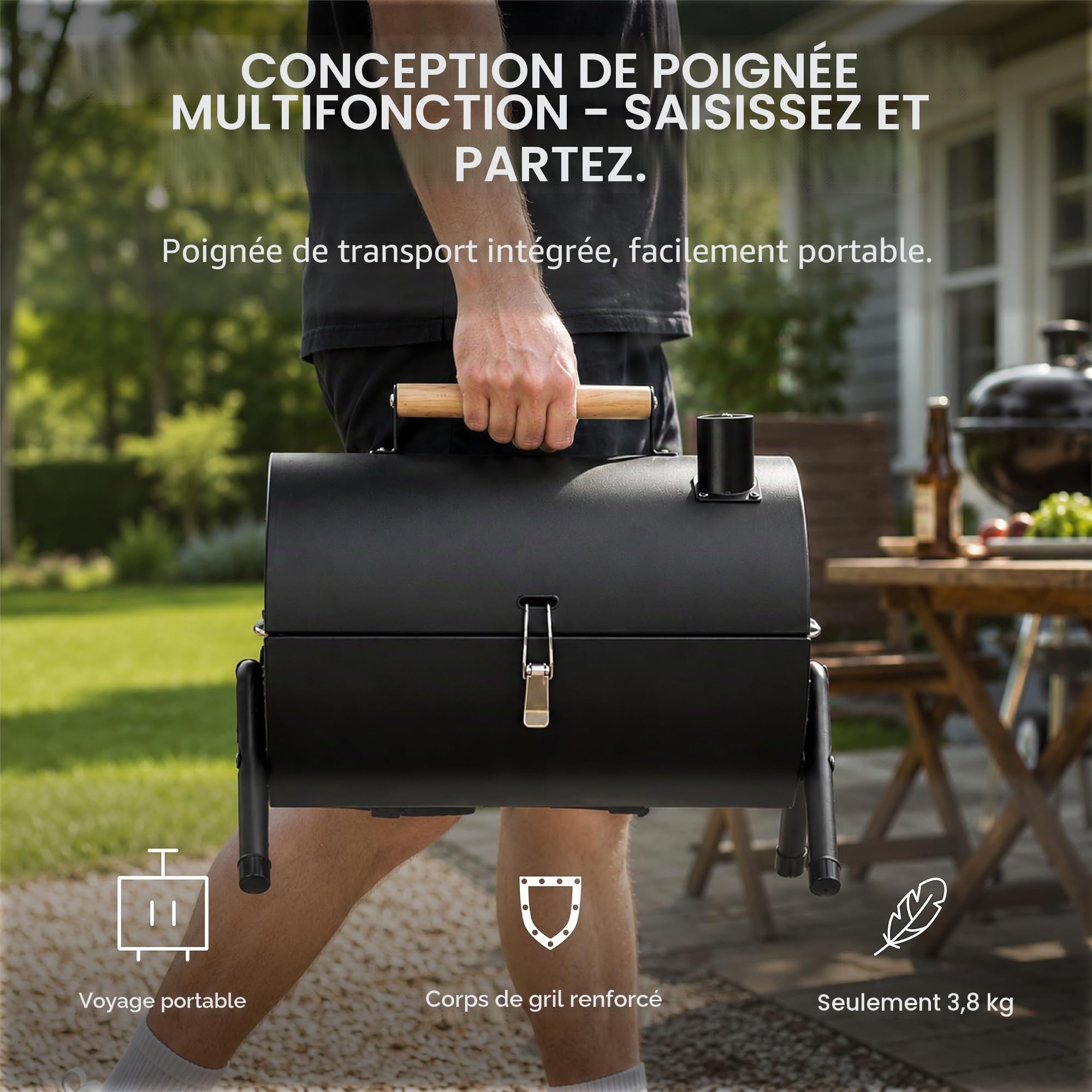 Barbecue à Charbon de Bois Portable, Mini Barbecue Smoker avec Couvercle et Cheminée, BBQ Camping de Table avec Double Grille pour Jardin Terrasse