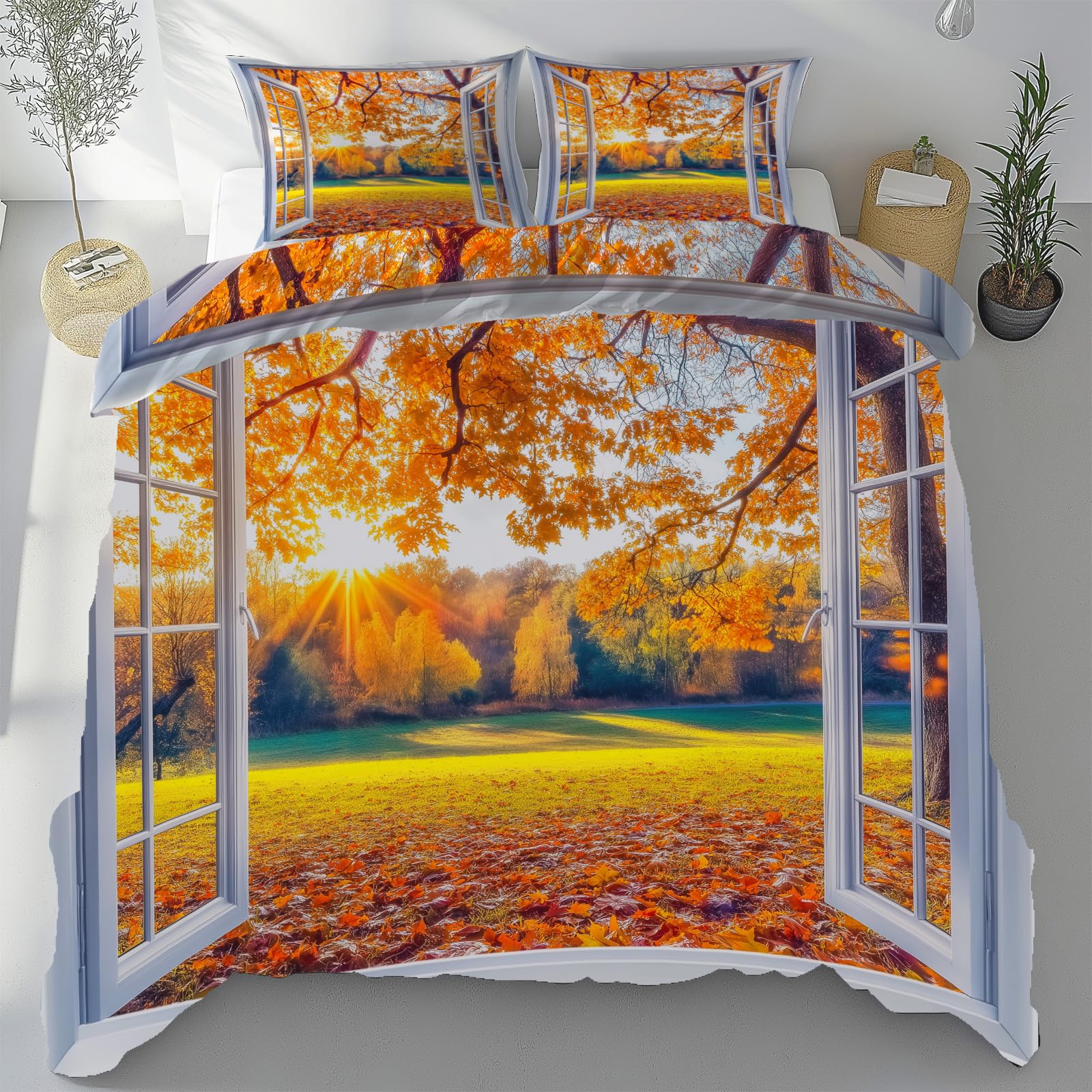 Housse de couette forêt d'automne parure de lit 3 pièces aux finitions soignées