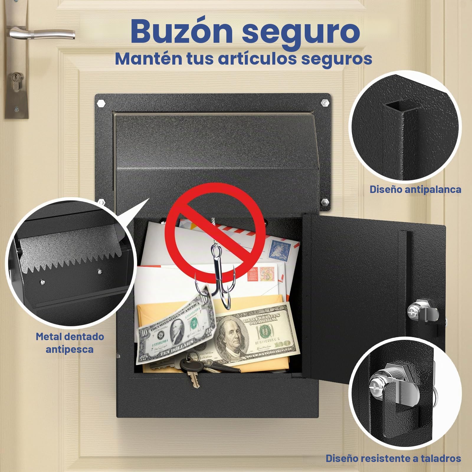 Buzón de Puerta para Correo, Alquiler, depósito y Llave Nocturna – Buzón de Bloqueo de Montaje en Puerta con Acceso Trasero a través de la Puerta (Ranura de Correo de 22,8 x 6,3 cm)