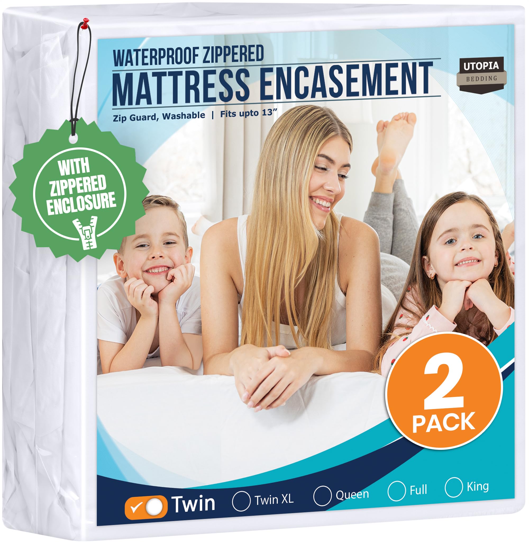Utopia Bedding Mattress Protector Zippered Twin Size (Pack of 2), 100% Waterproof Bed Bug and Dust Mite Proof Mattress Encasement, Absorbent 6 Sided Mattress Cover