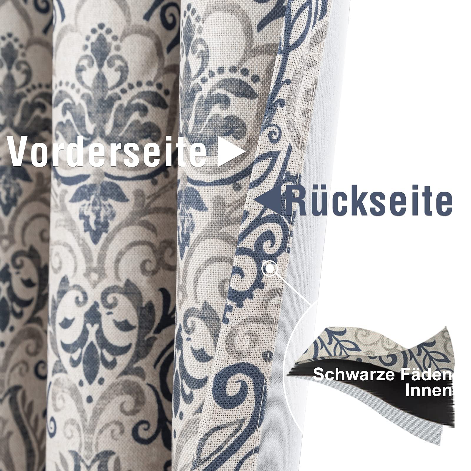 TOPICK Lot de 2 Rideau Occultant avec Oeillets Bleu Rideaux Thermique Isolant Anti Chaleur Double Rideau Fenêtre Aspect Lin Rideau Opaque avec Motif Oriental Vintage Salon Chambre 130 x 175cm (L x H)