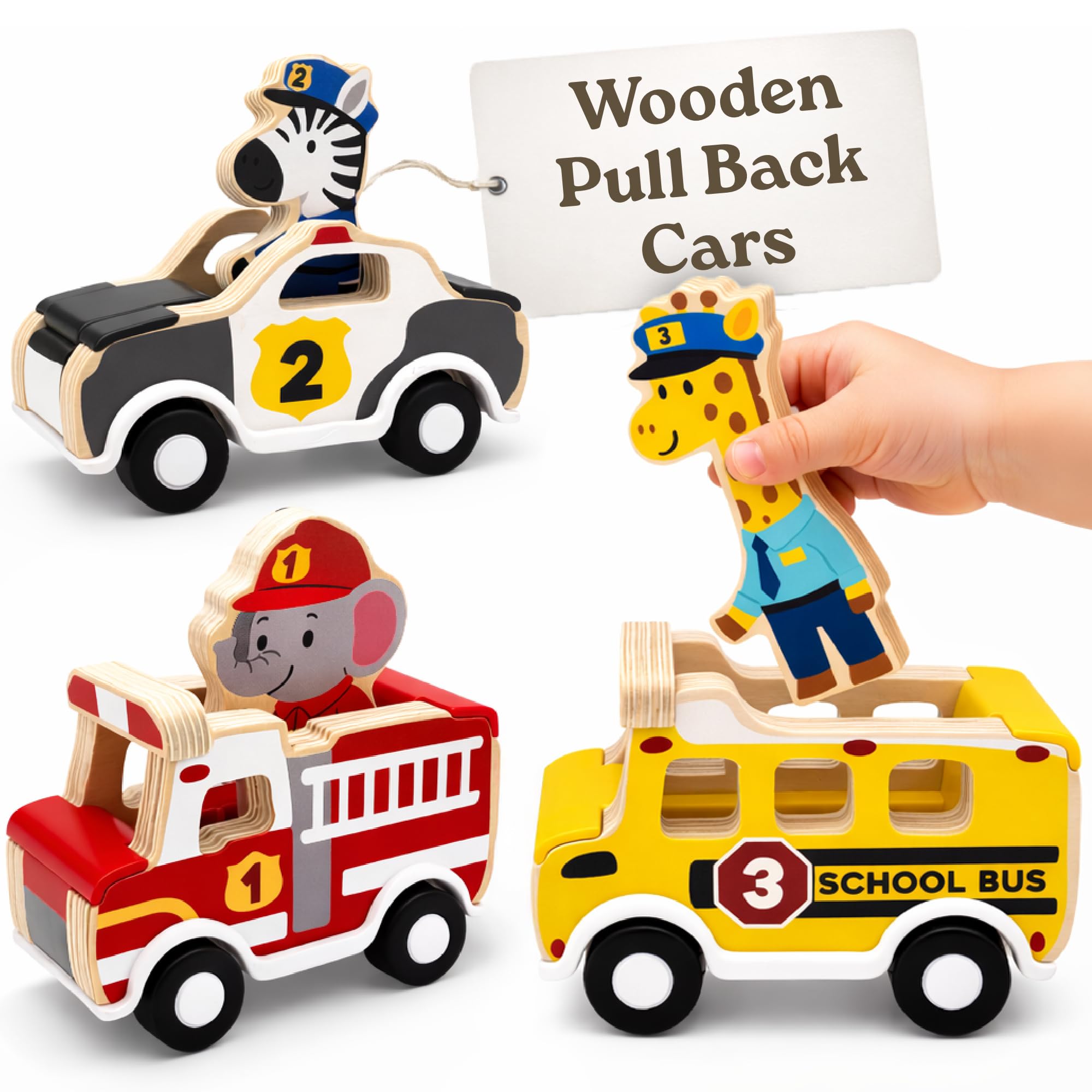 Little Acorn, Wooden Pull Back Cars with Mix & Match Characters | Montessori Toys for 1 & 2 Year Old | Car Toys for Toddlers 1-3 | Baby Toys 6-12 Months | Birthday Gifts for Boys Girls