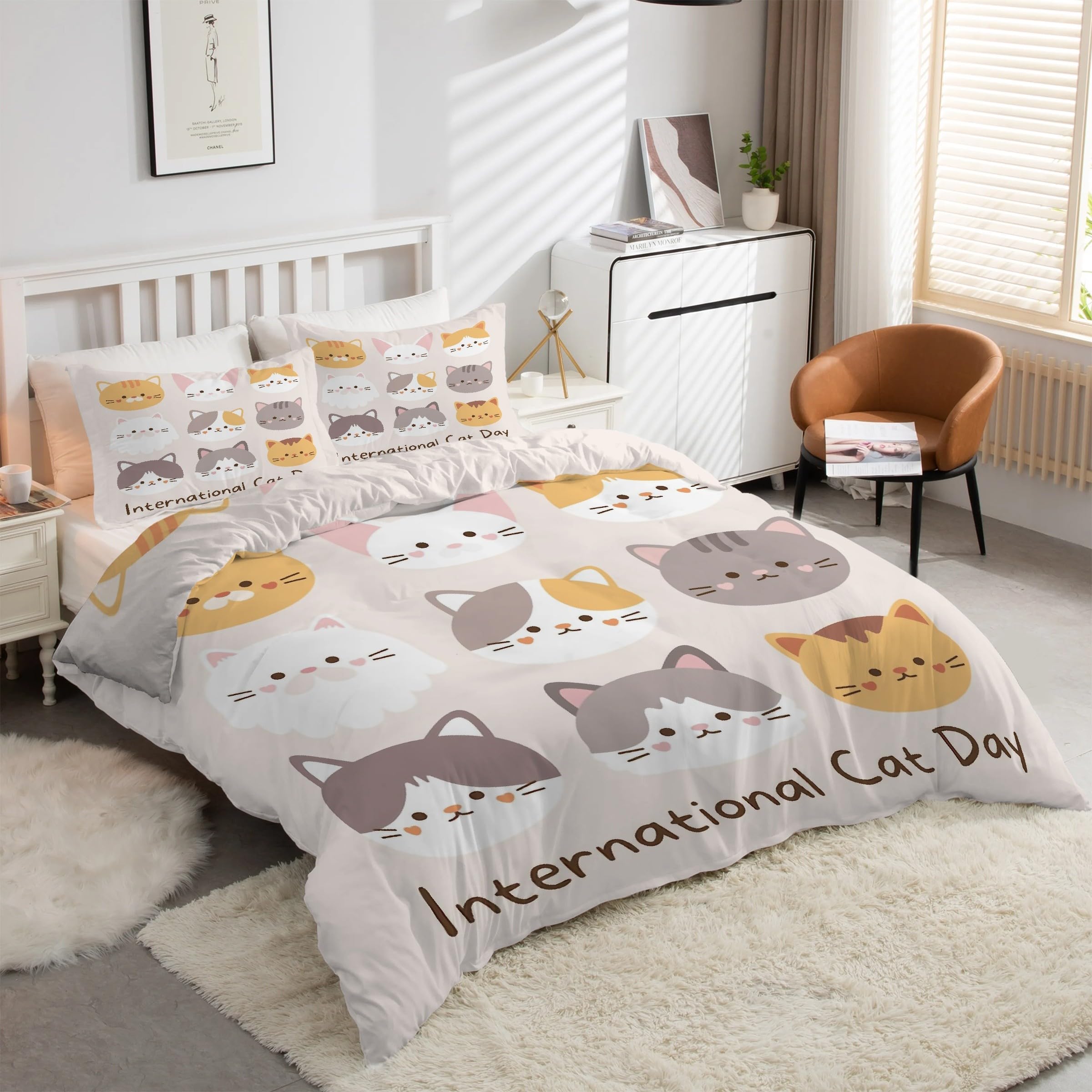 Housse de couette 160x200 chat cartoon en microfibre avec 2 taies