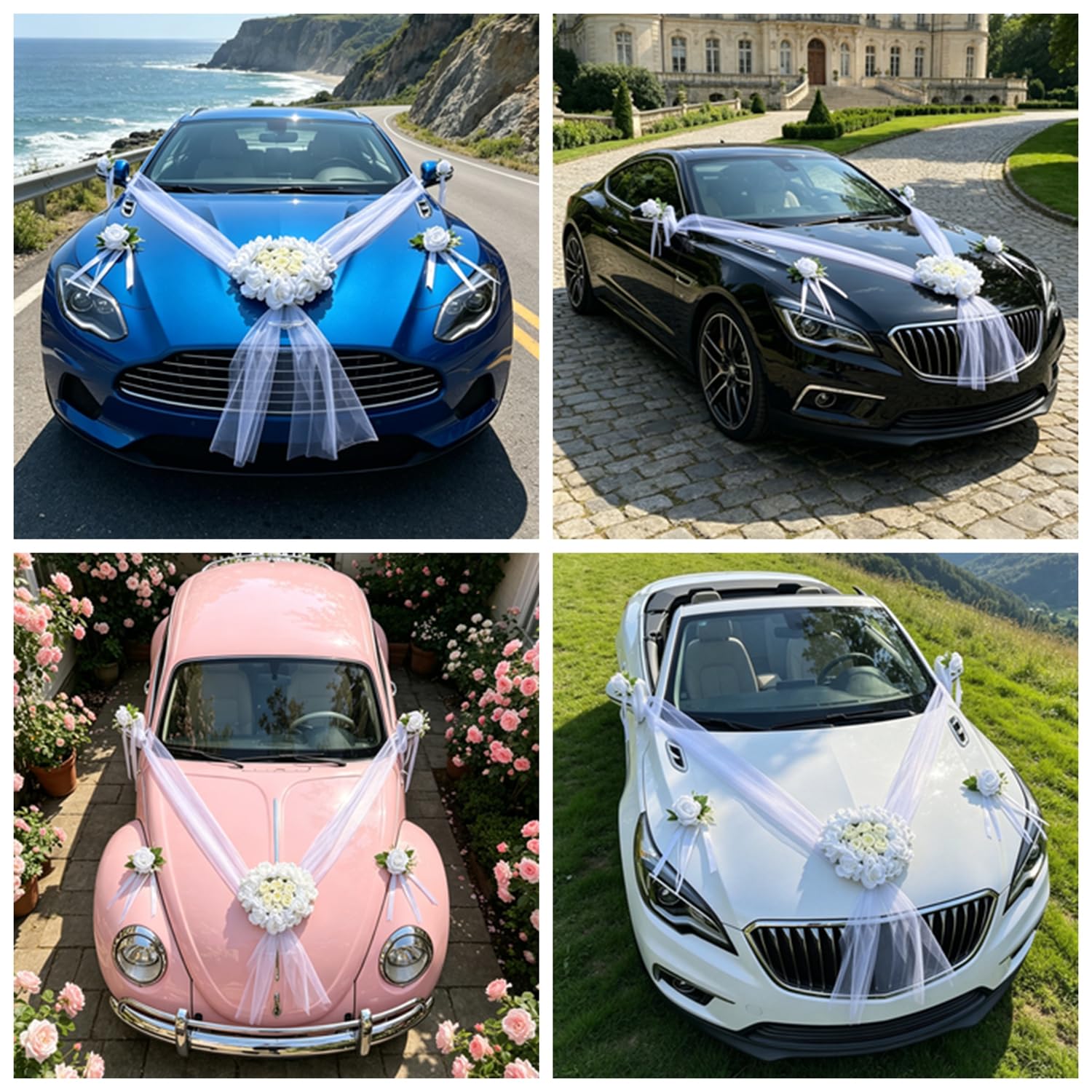 Autoschmuck Hochzeit Auto Schmuck Braut mit Band und Kabelbindern Wedding Girlande Auto Hochzeitsschmuck Rückspiegel Deko Blumen Hochzeitsauto Dekoration für Hochzeitsfeier Weiß 2 Stück