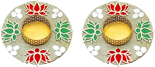 Juego de 2 velas decorativas de té de madera de fibropanel de densidad media rosa y verde de loto con cuentas en T, soporte para velas, portavelas disponible en Yaxa Venezuela