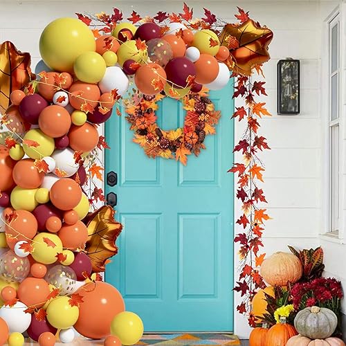 Miniatura 6 de Janinus Kit de arco de globos de otoño, guirnalda de globos de Acción de Gracias con guirnalda de hojas de arce artificiales, 125 globos naranjas