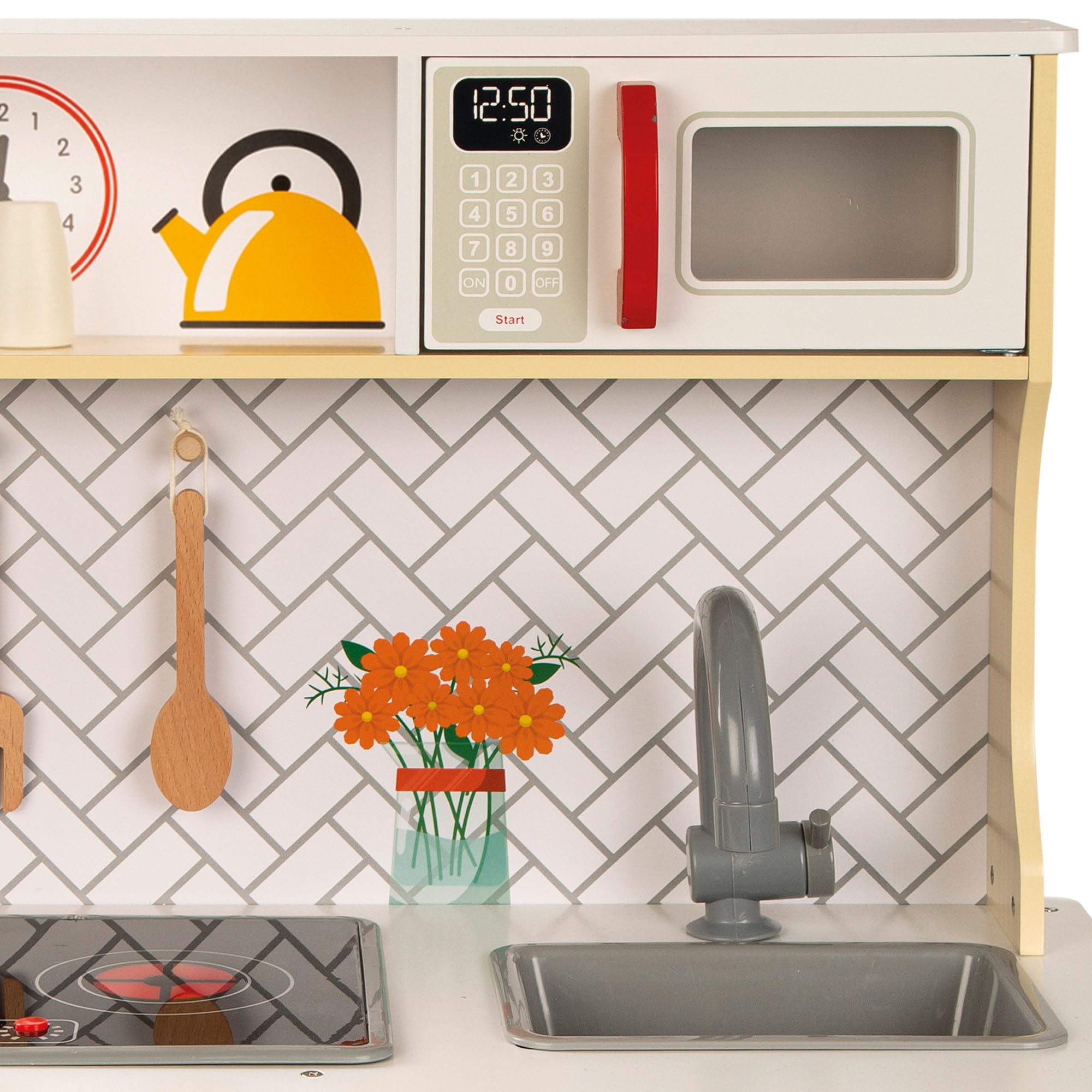 WOOMAX Cocina de Juguete con luz y Sonido, Cocinita de Madera Infantil con vitrocerámica y Campana extractora, Cocina Infantil 94,5x59,5x30cm, Juguete para niños y niñas (49549)
