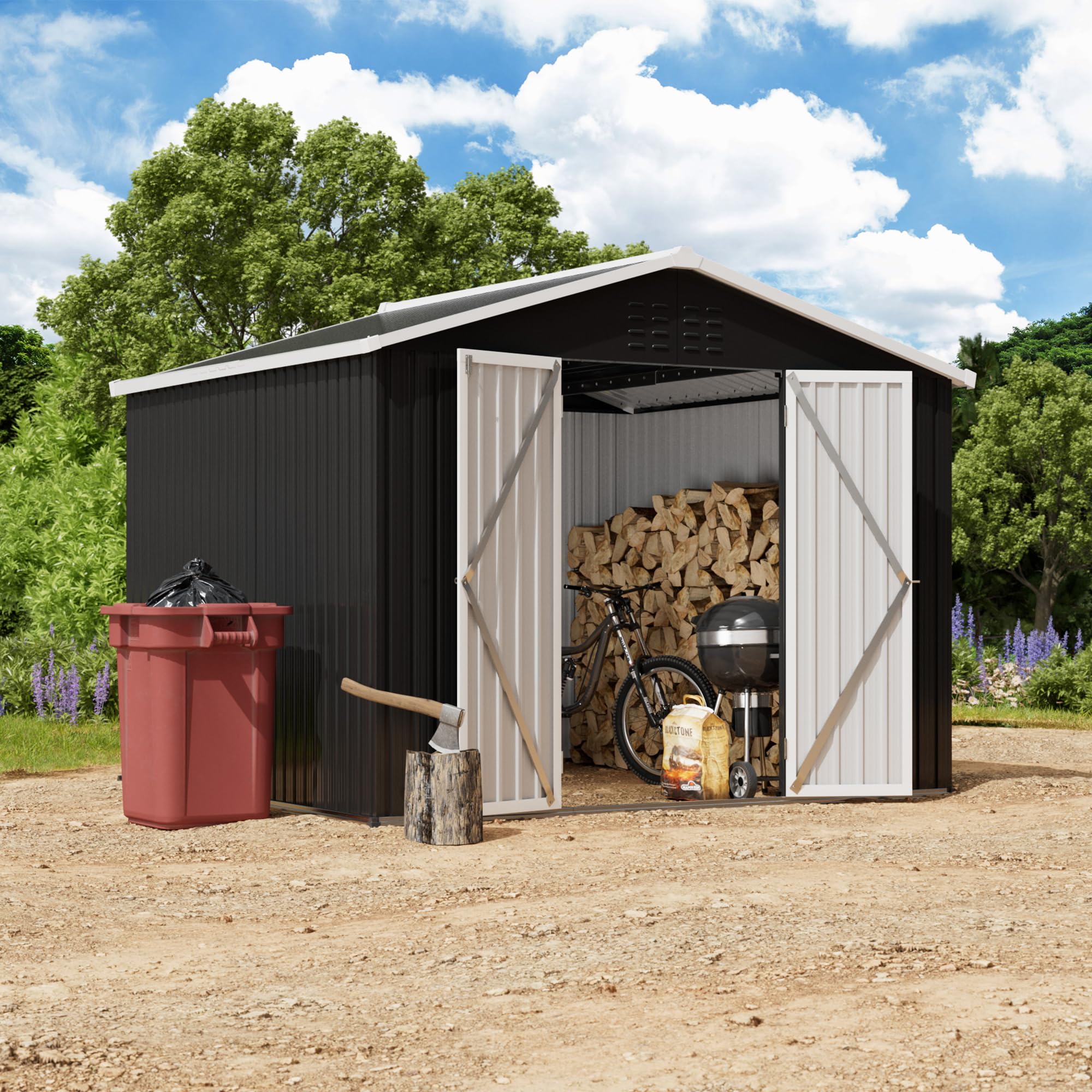 Amopatio Domek na narzędzia, domek ogrodowy z dachem jednospadowym, szopa na narzędzia 250 x 248 x 194 cm, metalowy domek ogrodowy z drzwiami, ocynkowana osłona ogrodowa, metalowa szopa, czarna