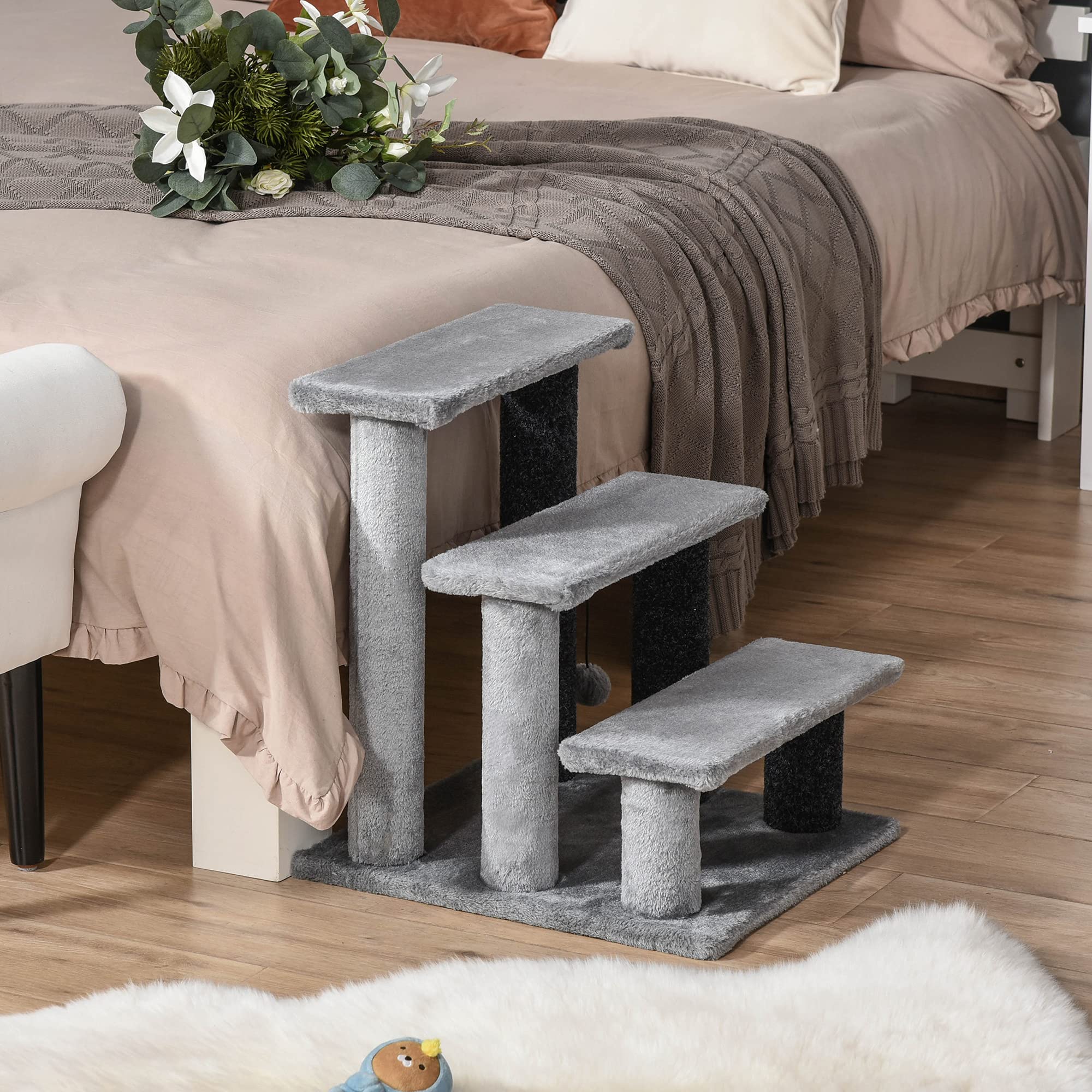 PawHut Scaletta per Gatti a 3 Gradini con Rivestimento in Flanella, Scala per Gatto e Animali Domestici Antiscivolo con Pallina, 45x40x48cm, Grigio