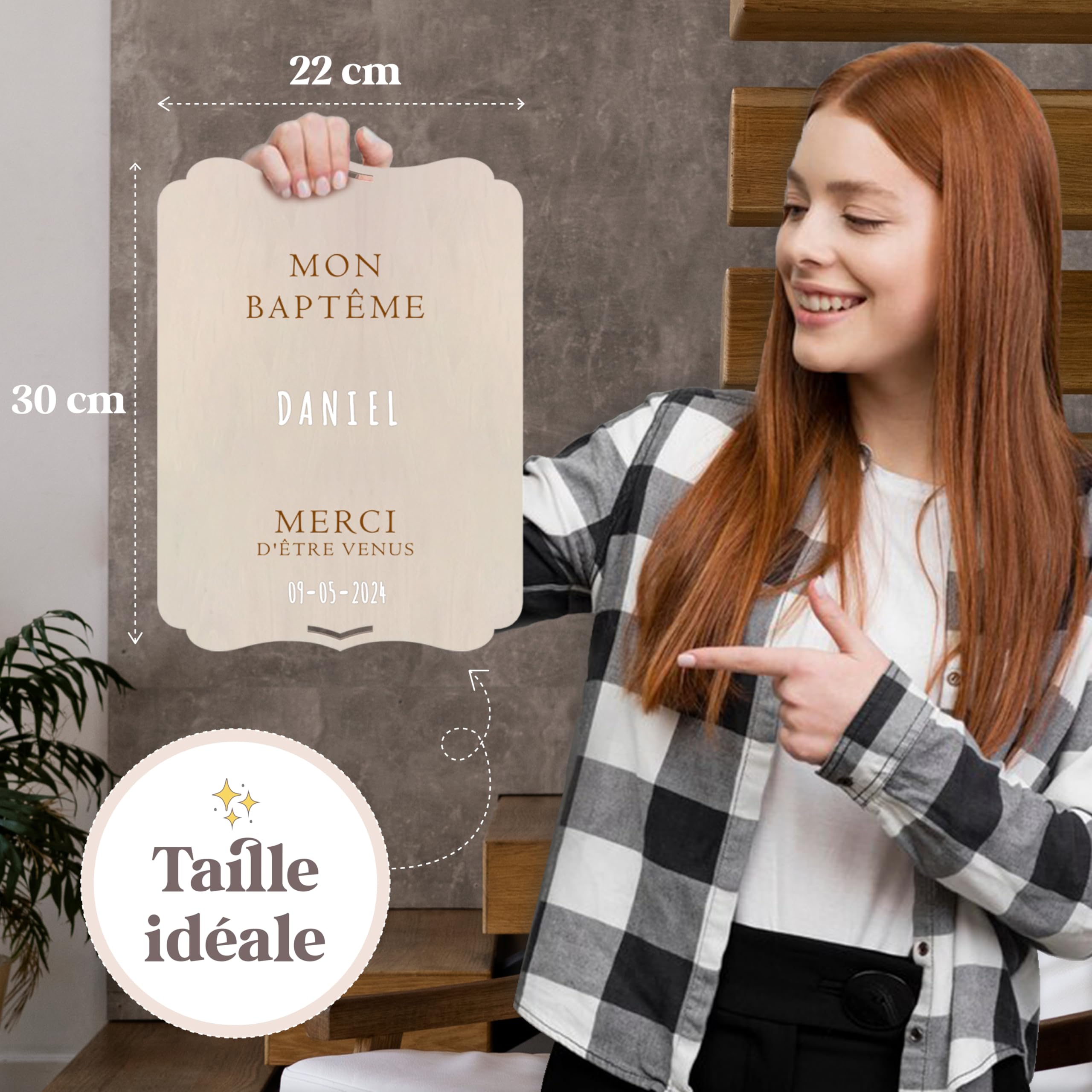 nagu® Baptême Décoration | Panneau Personnalisé en Bois 30x22 cm | Poster Baptême Fille ou Garçon avec Lettres Autocollantes | Pancarte avec Support & Trou pour Accrocher