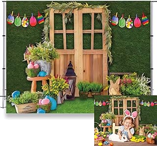 LFEEY 10x8ft Spring Easter Backdrops for Photography Easter Bunny Eggs Green Grass Rustic Wooden Door Photo Background Birthday Baby Shower Party Decor Kids Baby Portrait Photo Booth Studio Props